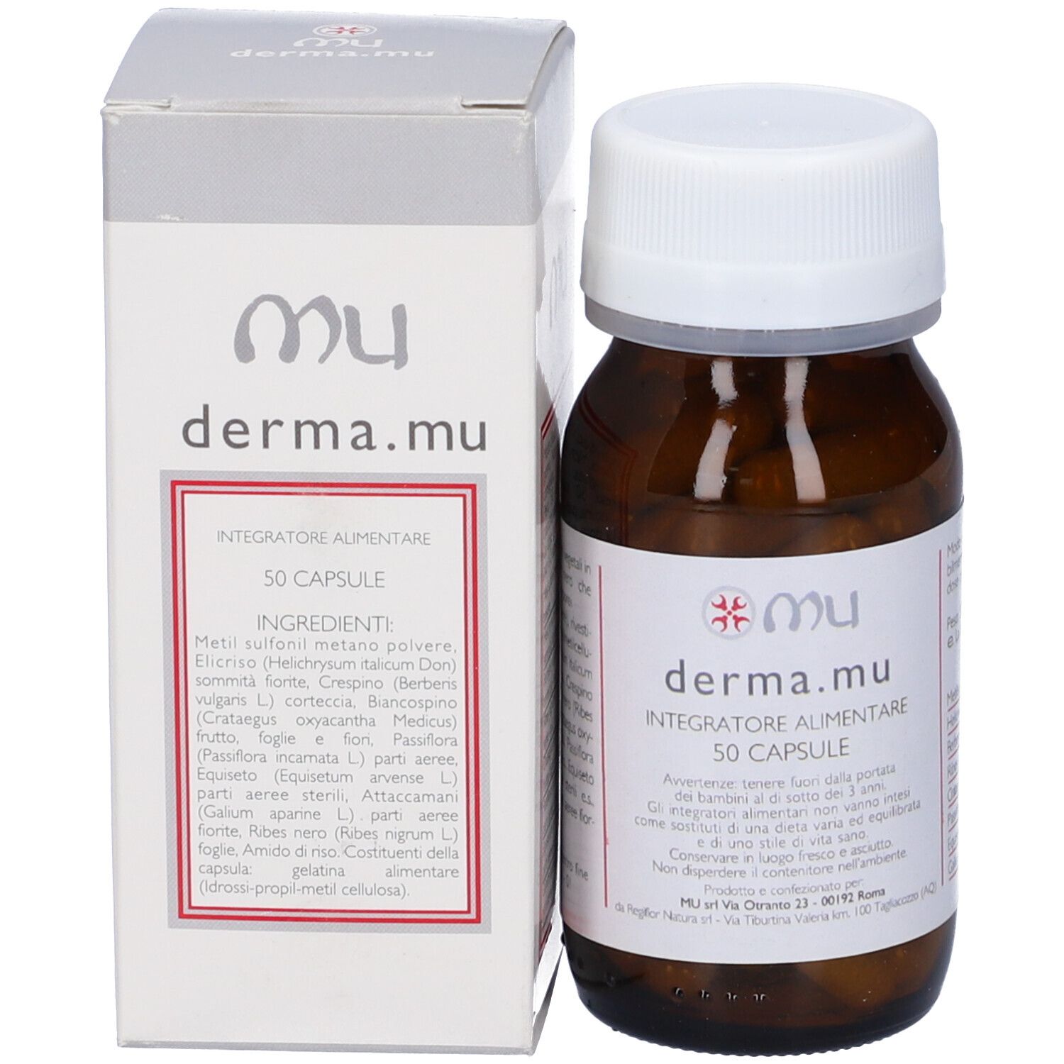 Flacone marrone e scatola bianca. Scritta: derma.mu, 50 capsule. Etichetta e confezione.