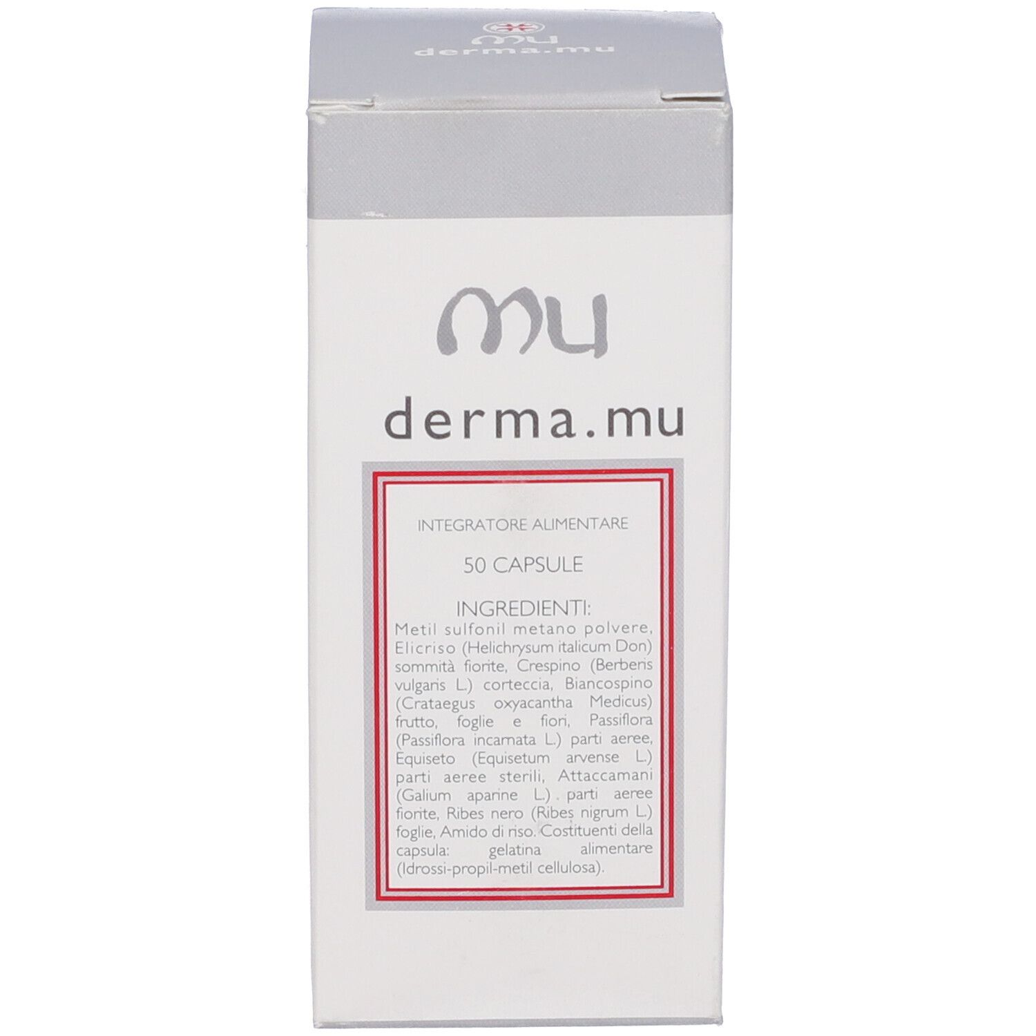 Scatola rettangolare bianca. Scritta: derma.mu, 50 capsule. Elenco ingredienti e logo.