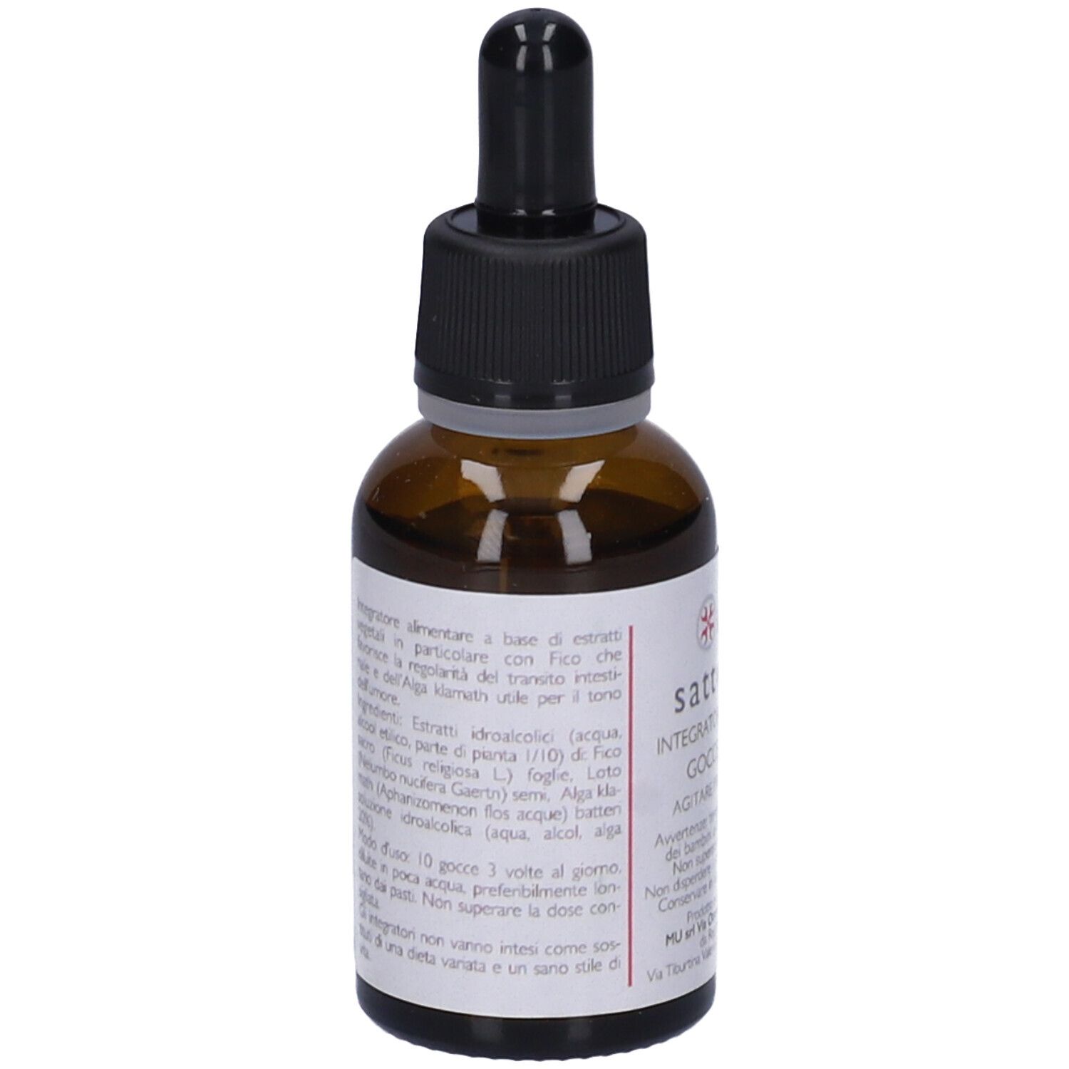 Retro del flacone di vetro marrone con testo sull'etichetta.