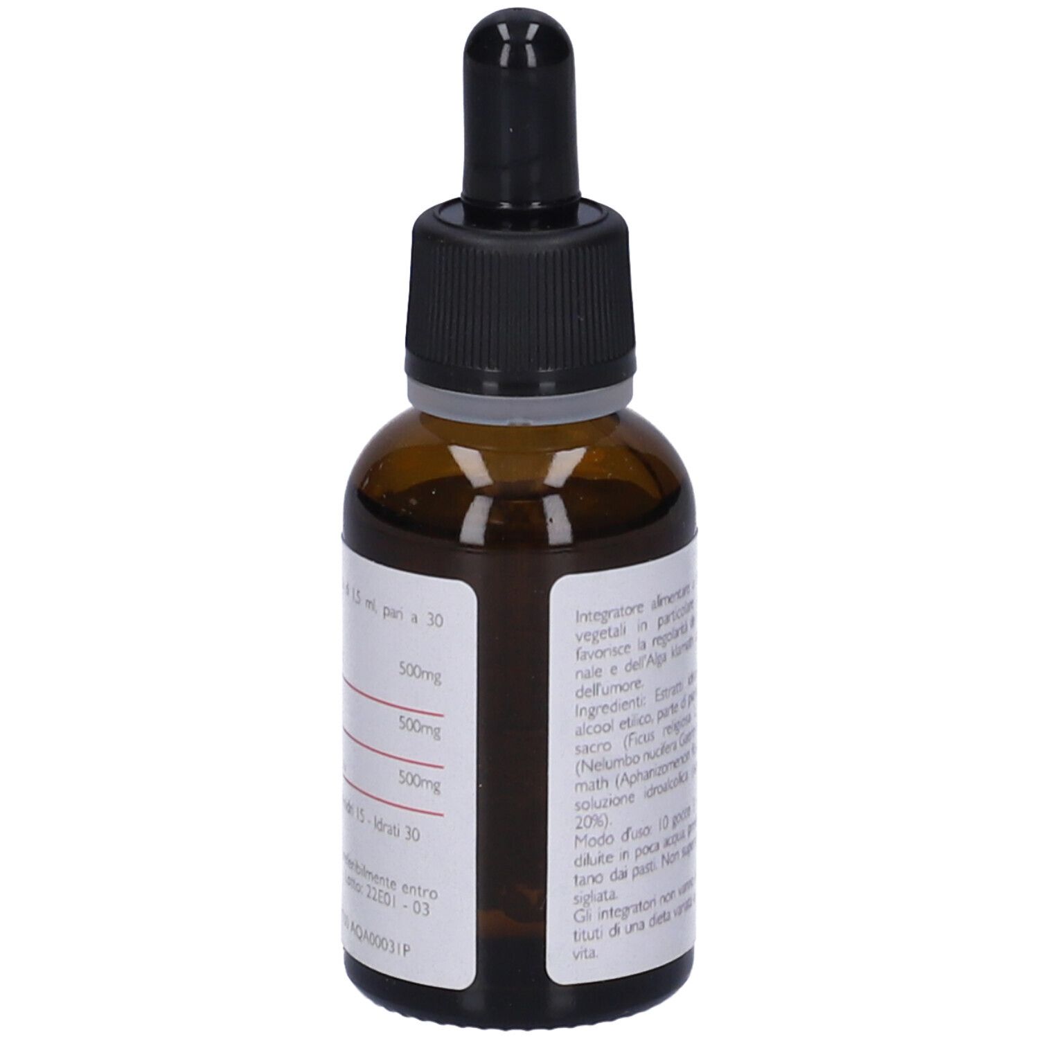 Flacone di vetro marrone con etichetta. Testo con ingredienti e dosaggio.