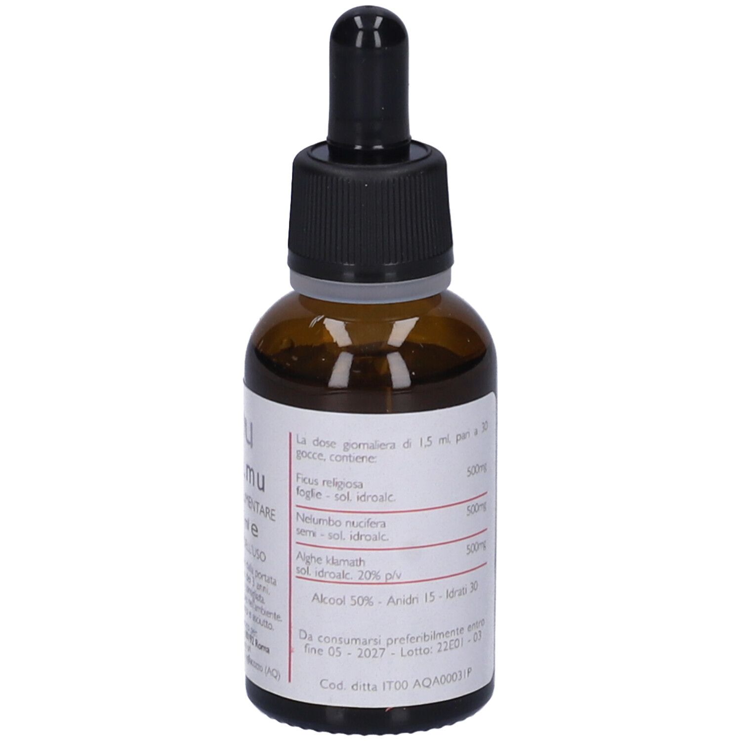 Flacone di vetro marrone con etichetta. Testo con ingredienti e dosaggio.