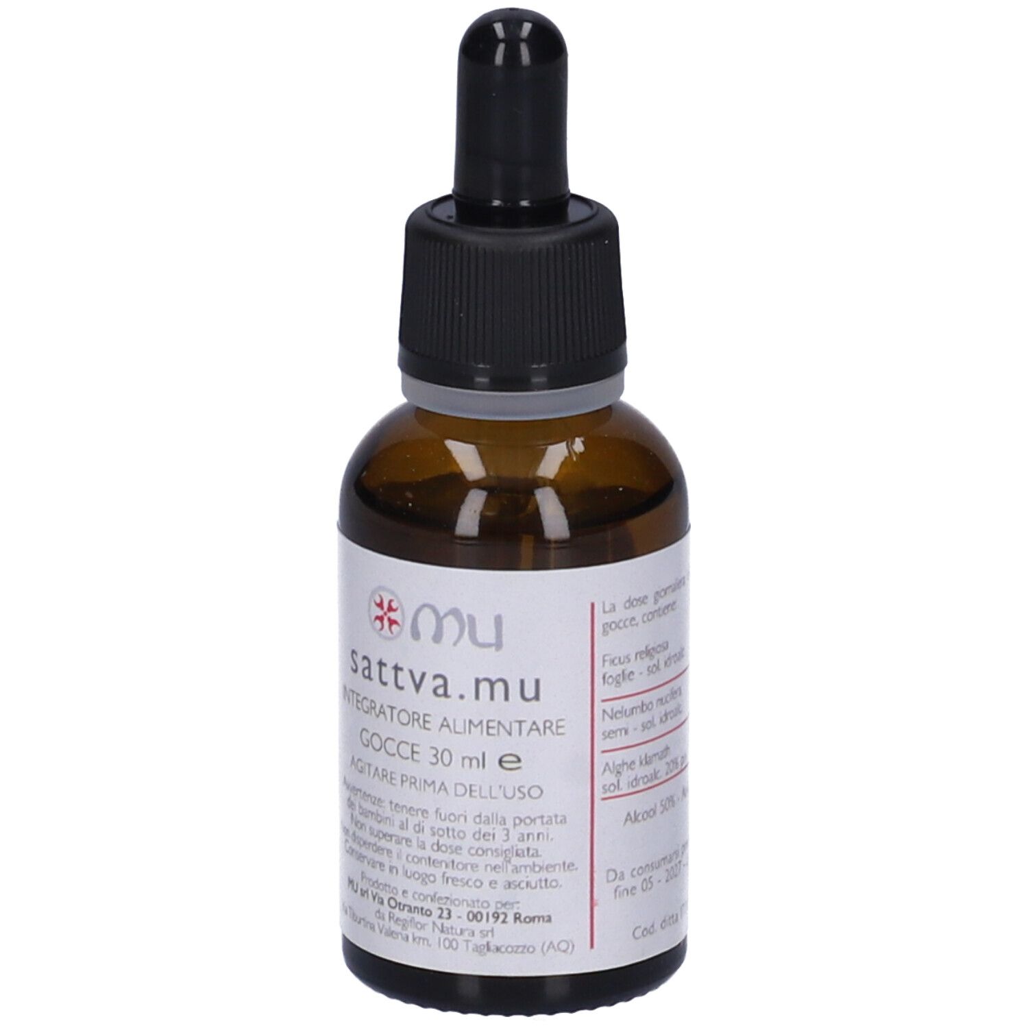 Flacone di vetro marrone con etichetta. Testo con ingredienti e dosaggio.