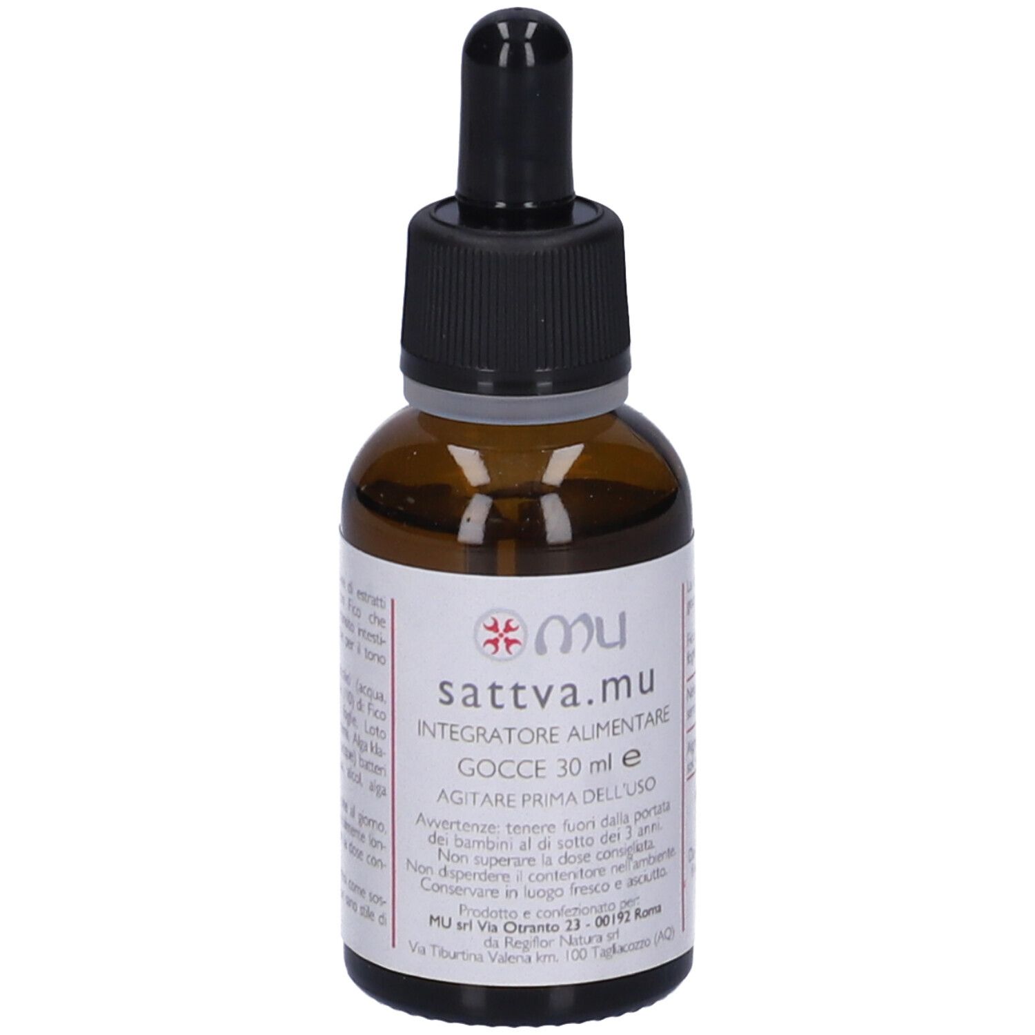 Flacone di vetro marrone con etichetta. Testo con ingredienti e dosaggio.