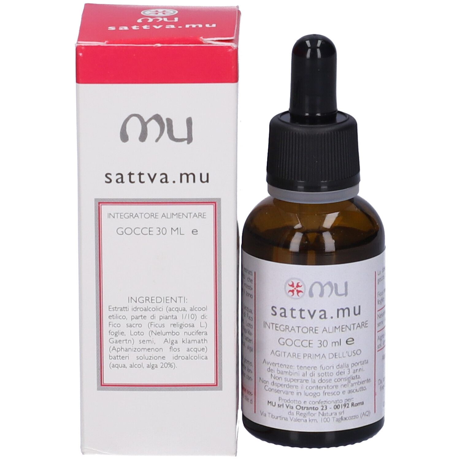 Flacone di vetro marrone con contagocce, accanto a scatola bianca con scritte rosse.