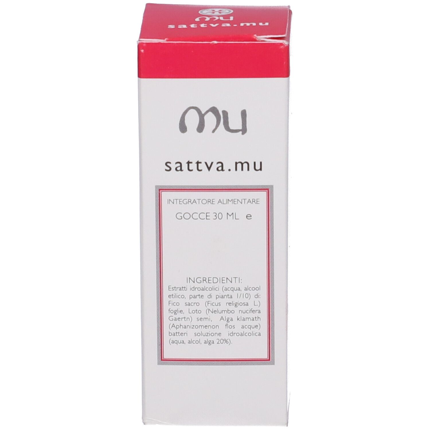 Scatola bianca con scritte rosse. Mostra nome prodotto e ingredienti.