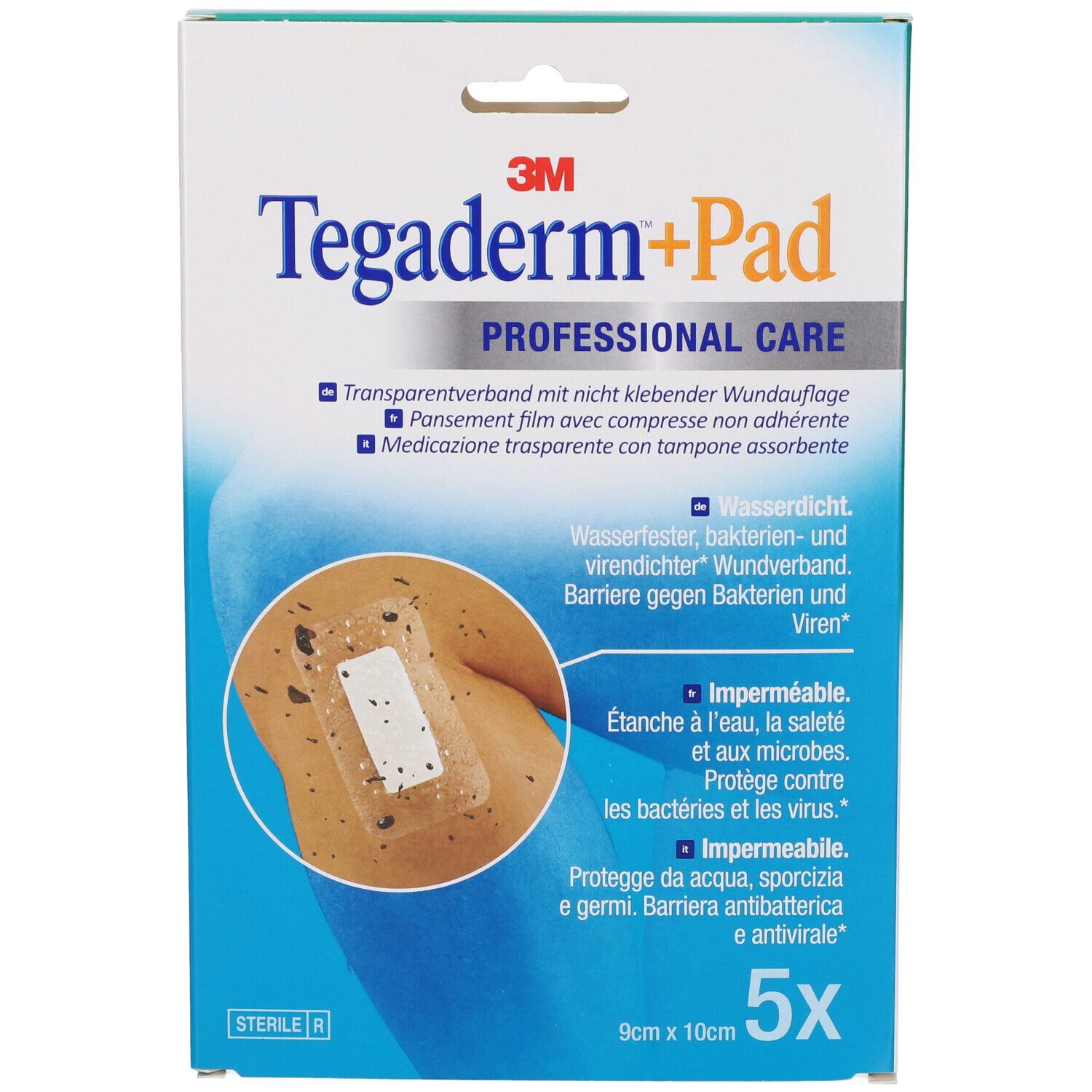 Confezione di Tegaderm+Pad, medicazione trasparente, 9x10cm, 5 pezzi.