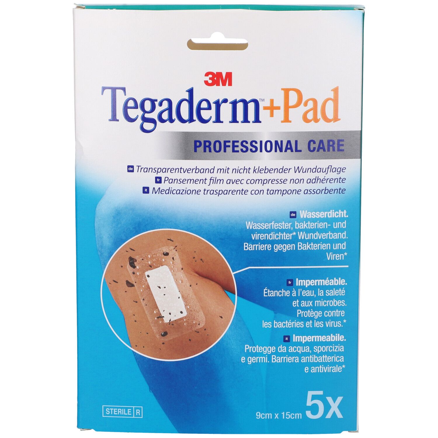 Confezione di Tegaderm+Pad. Contiene 5 medicazioni. Dimensioni: 9x15cm. Scritta: Cura professionale. Medicazione trasparente.
