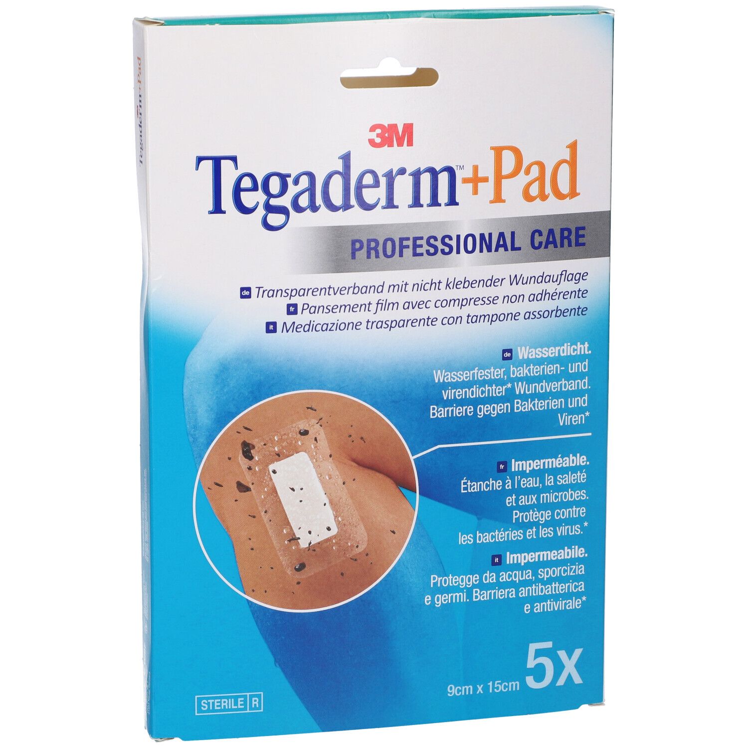 Confezione di Tegaderm+Pad. Contiene 5 medicazioni. Dimensioni: 9x15cm. Scritta: Cura professionale. Medicazione trasparente.