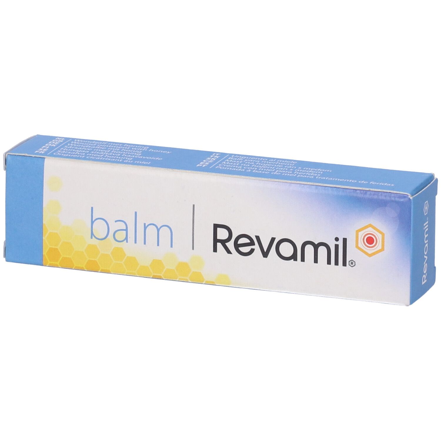 Confezione blu e bianca Revamil Balm. Motivo a nido d'ape giallo. Testo: balm, Revamil.