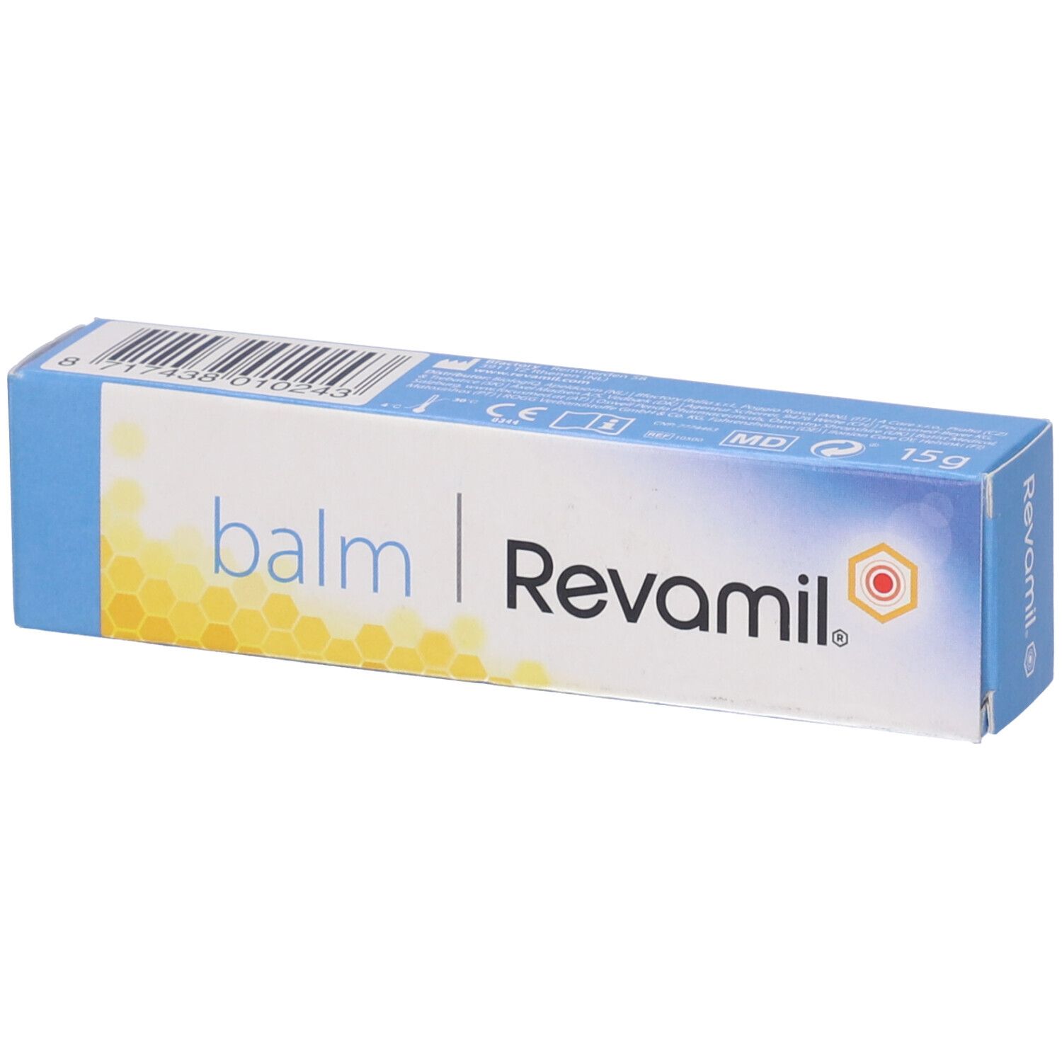 Confezione Revamil Balm. Testo: balm, Revamil, 15g. Codice e codice a barre.