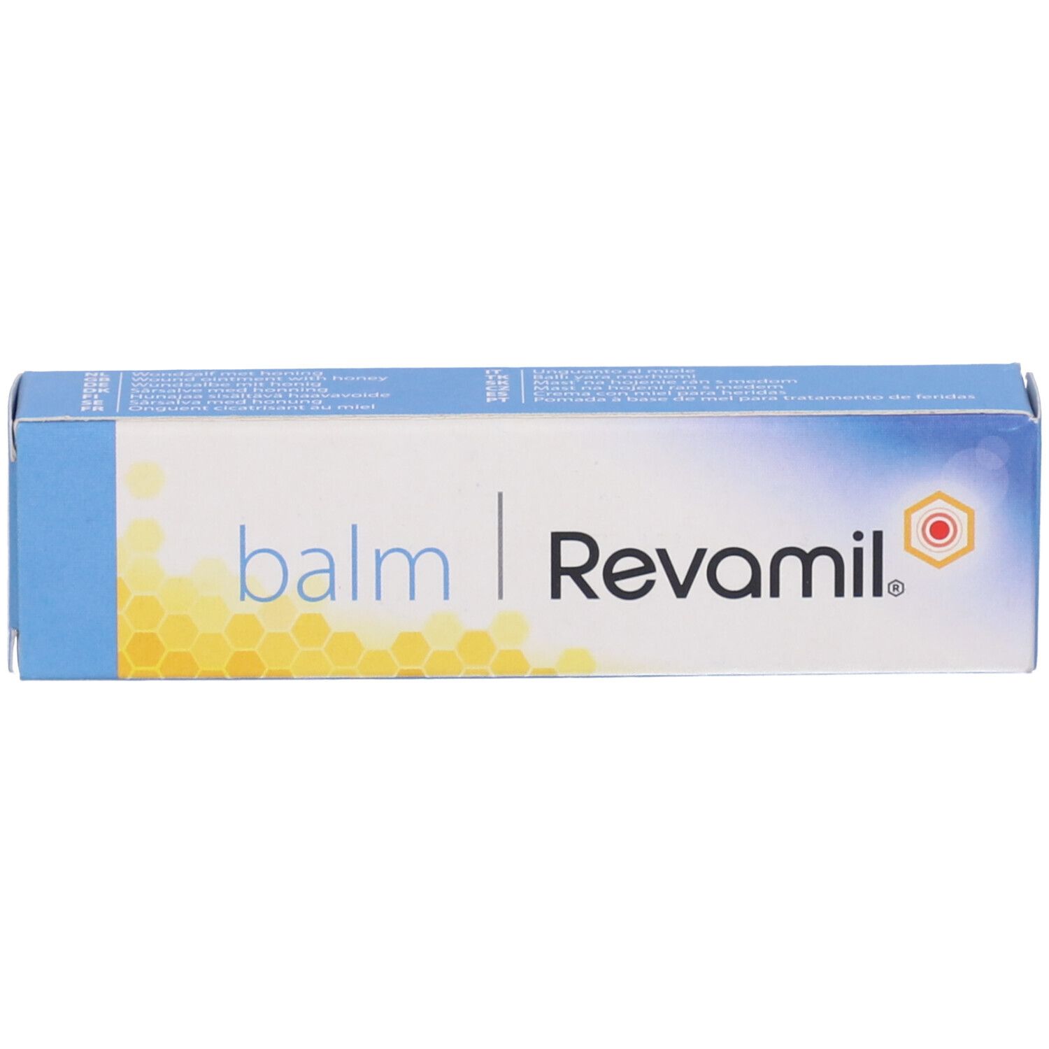 Confezione blu e bianca Revamil Balm. Testo: balm, Revamil. Motivo a nido d'ape giallo.