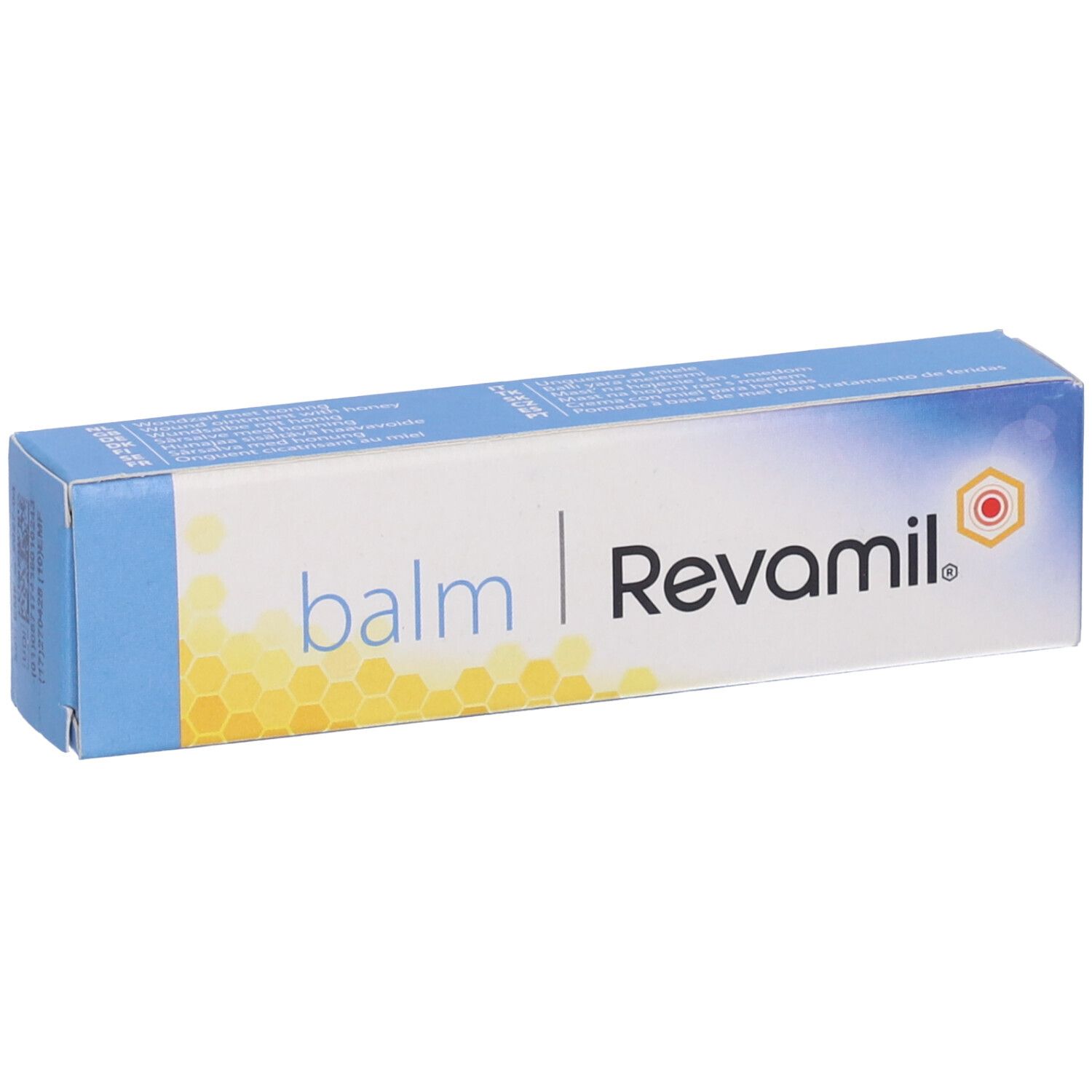 Confezione blu e bianca Revamil Balm. Testo: balm, Revamil. Motivo a nido d'ape giallo.