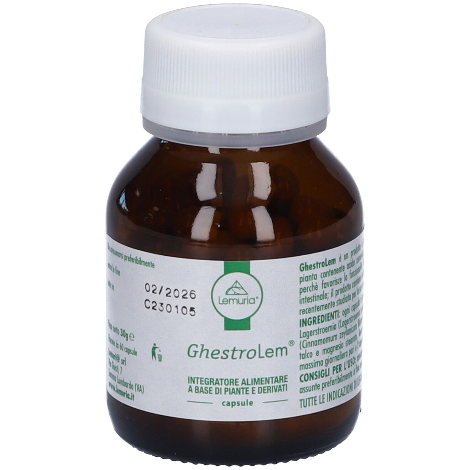 Flacone marrone con tappo bianco. Scritta Ghestrolem, Integratore Alimentare. Marchio Lemuria. Scadenza 02/2026.