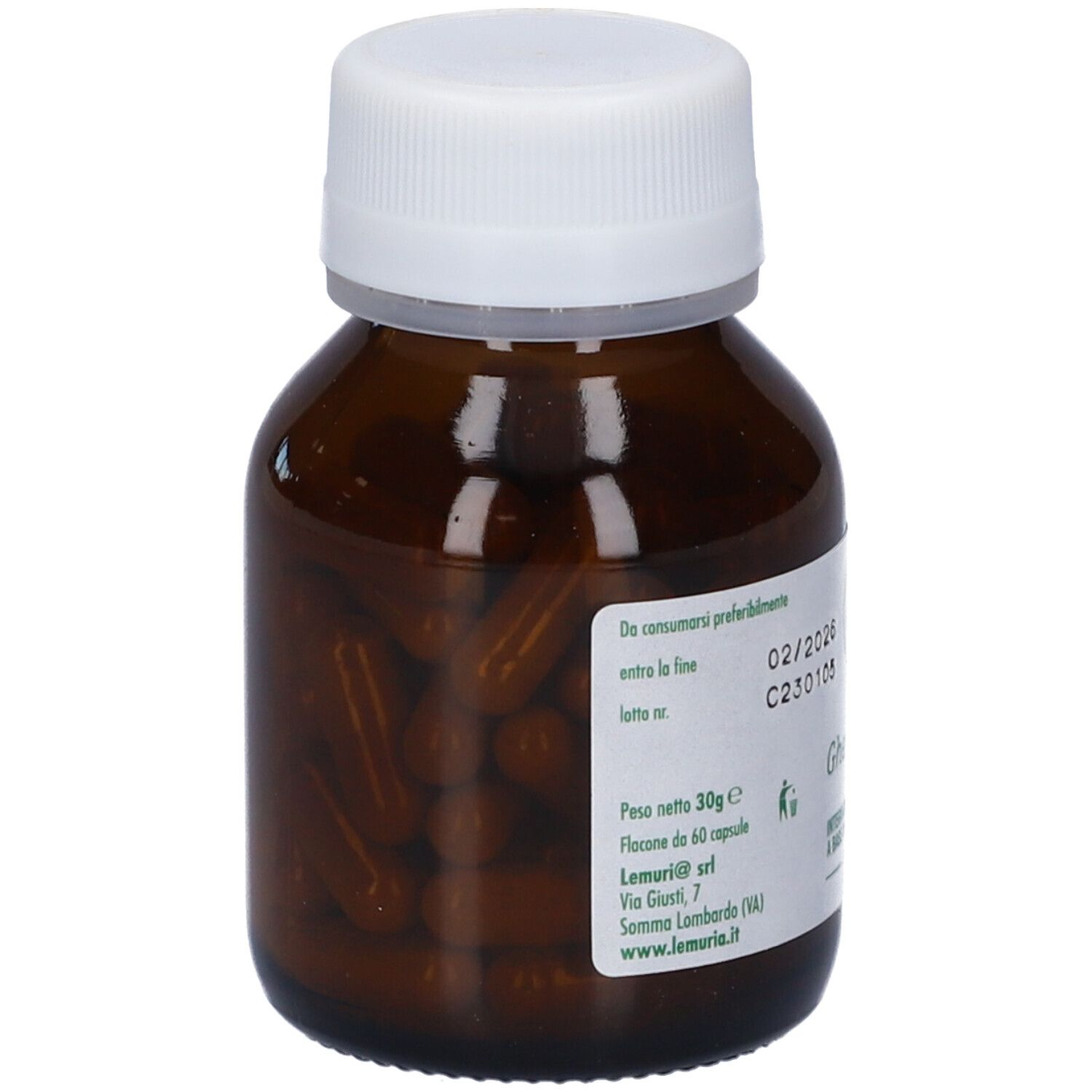 Flacone marrone con capsule. Scritta Ghestrolem, Integratore Alimentare. Scadenza 02/2026. Marchio Lemuria.