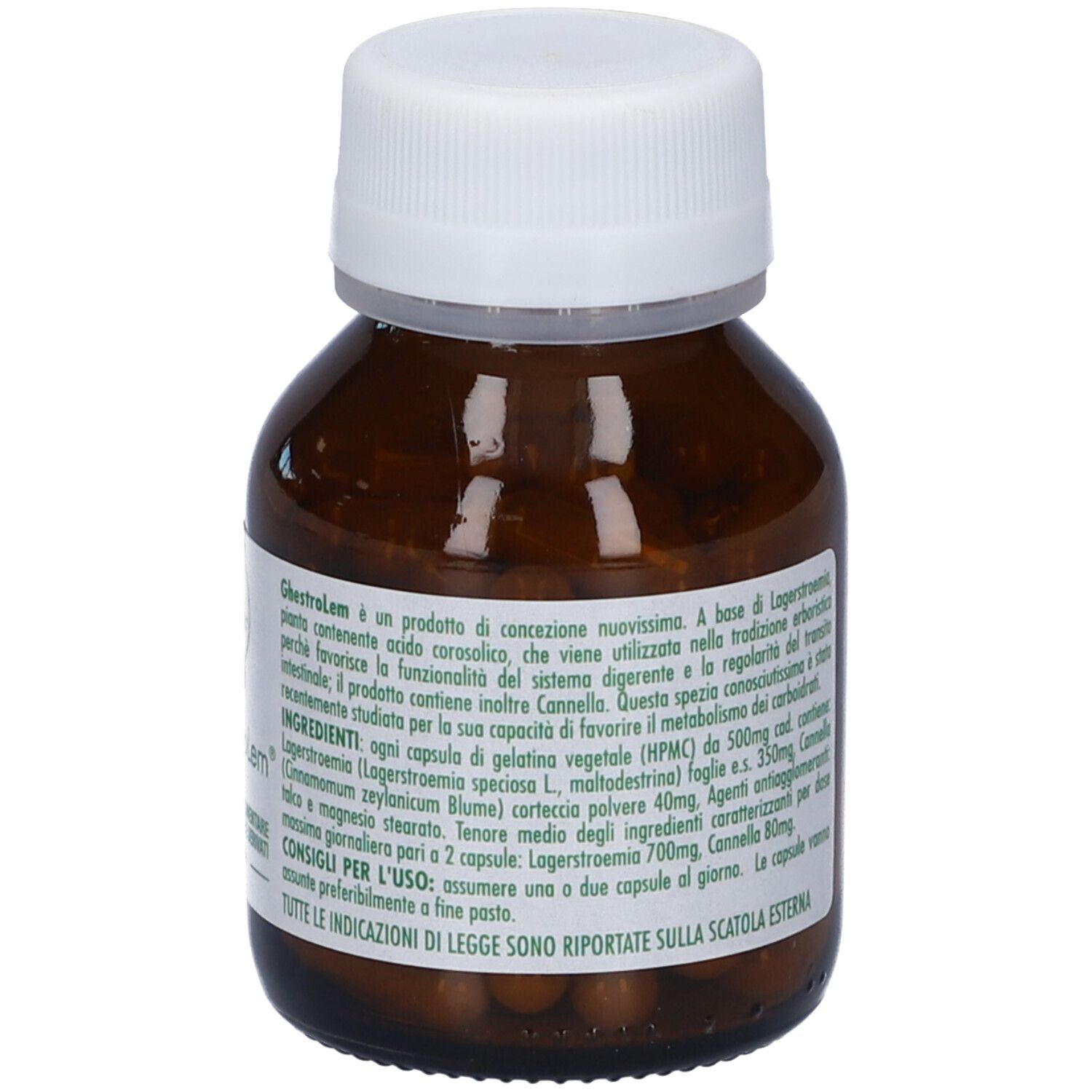 Flacone marrone con capsule. Scritta Ghestrolem, Integratore Alimentare. Marchio Lemuria. Testo con ingredienti.