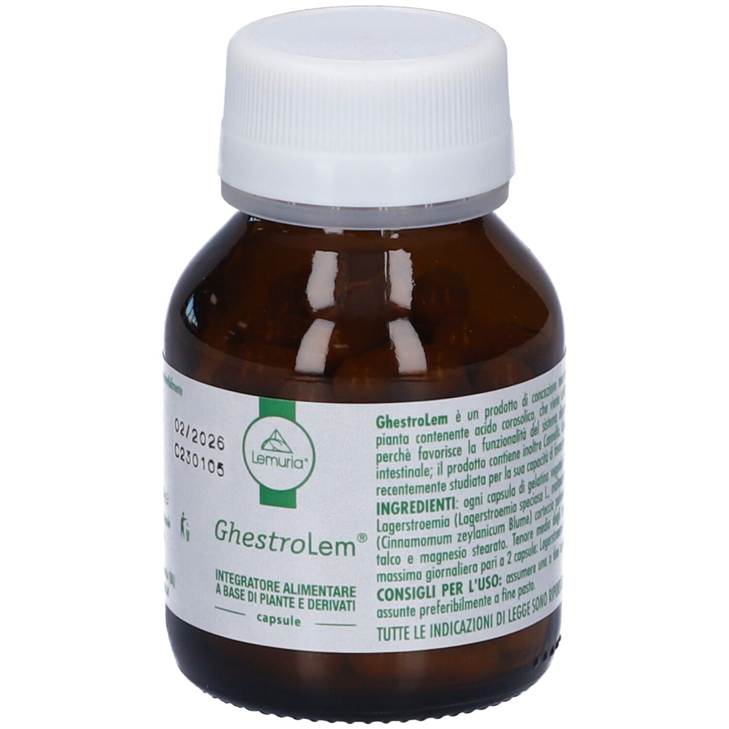Flacone marrone con capsule. Scritta Ghestrolem, Integratore Alimentare. Marchio Lemuria. Scadenza 02/2026.