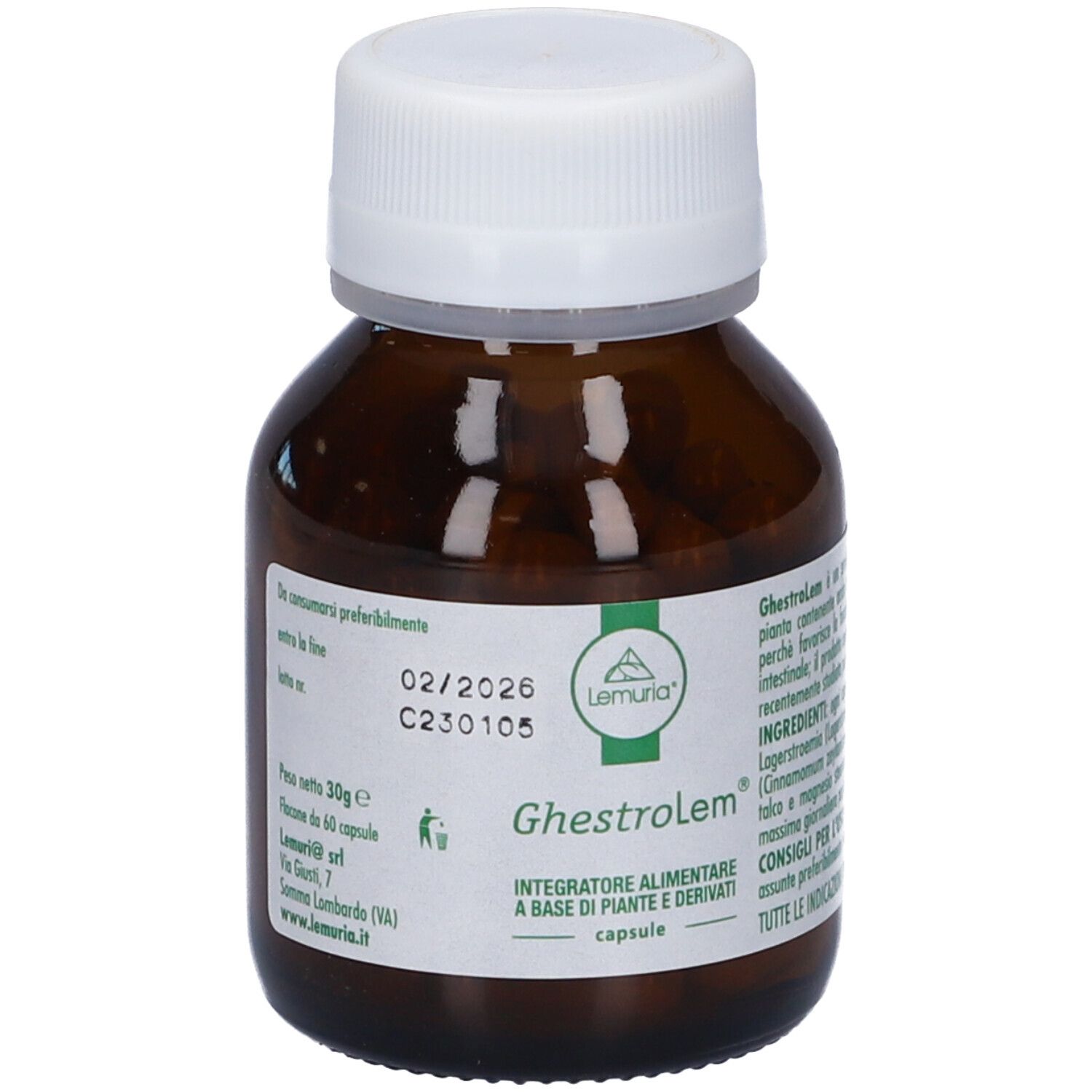 Flacone marrone con capsule. Scritta Ghestrolem, Integratore Alimentare. Scadenza 02/2026. Marchio Lemuria.