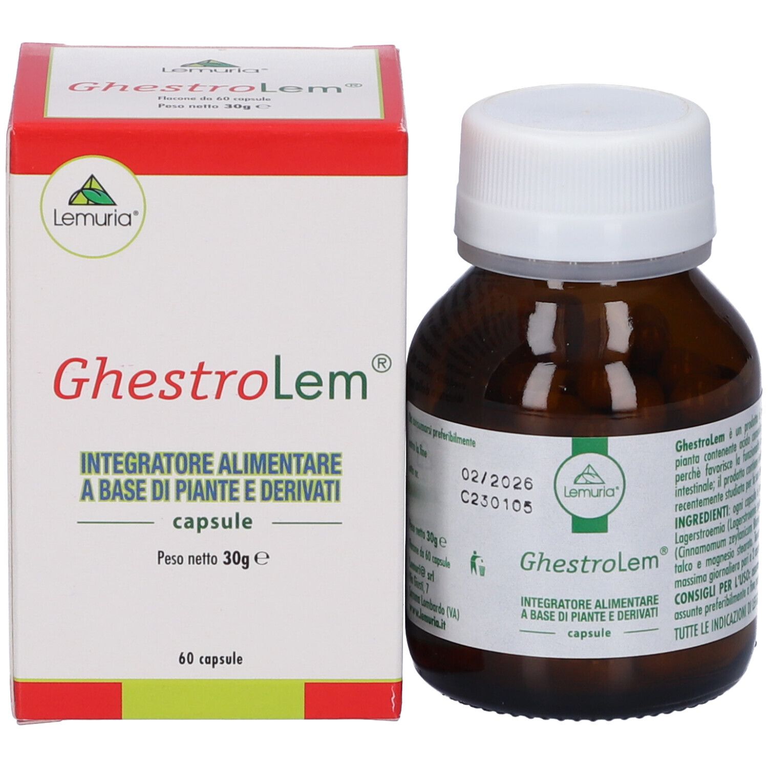 Flacone e scatola di capsule marroni. Scritta Ghestrolem, Integratore Alimentare. 60 capsule. Marchio Lemuria.