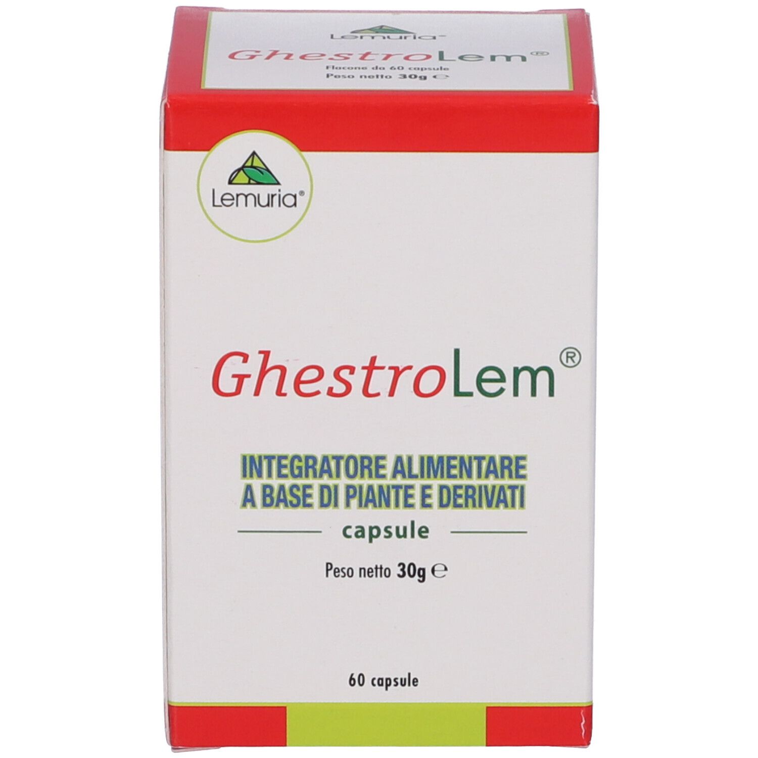 Scatola rossa e bianca. Scritta Ghestrolem, Integratore Alimentare. 60 capsule. Marchio Lemuria.
