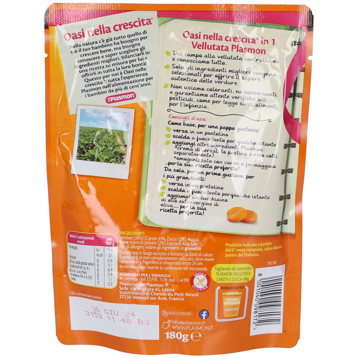 Retro della confezione del prodotto Plasmon. Testo e illustrazioni. Contiene informazioni sugli ingredienti e i valori nutrizionali.