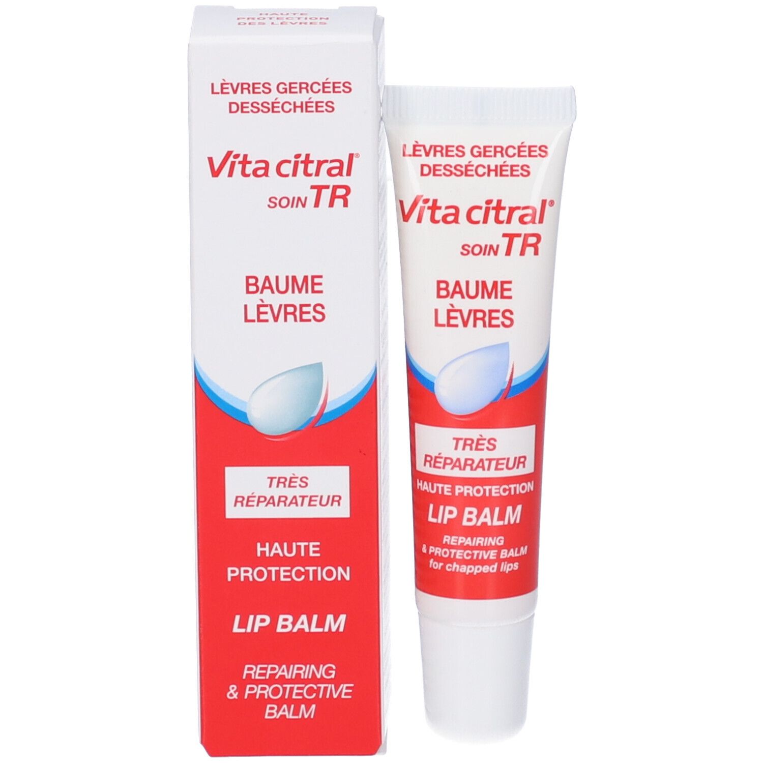 Confezione e tubo di balsamo labbra. Confezione: Bianca e rossa. Tubo: Bianco, rosso e blu. Scritta: Vita citral, Baume Lèvres, Lip Balm.