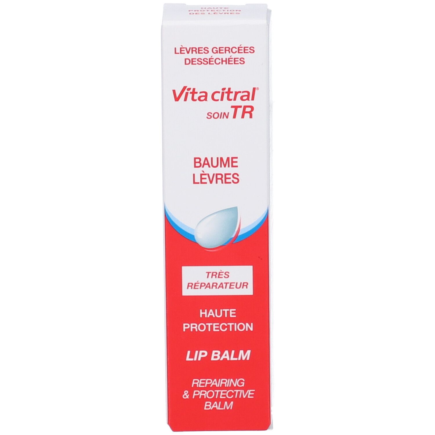 Confezione di balsamo labbra. Bianca e rossa. Scritta: Vita citral, Baume Lèvres, Lip Balm. Per labbra screpolate.