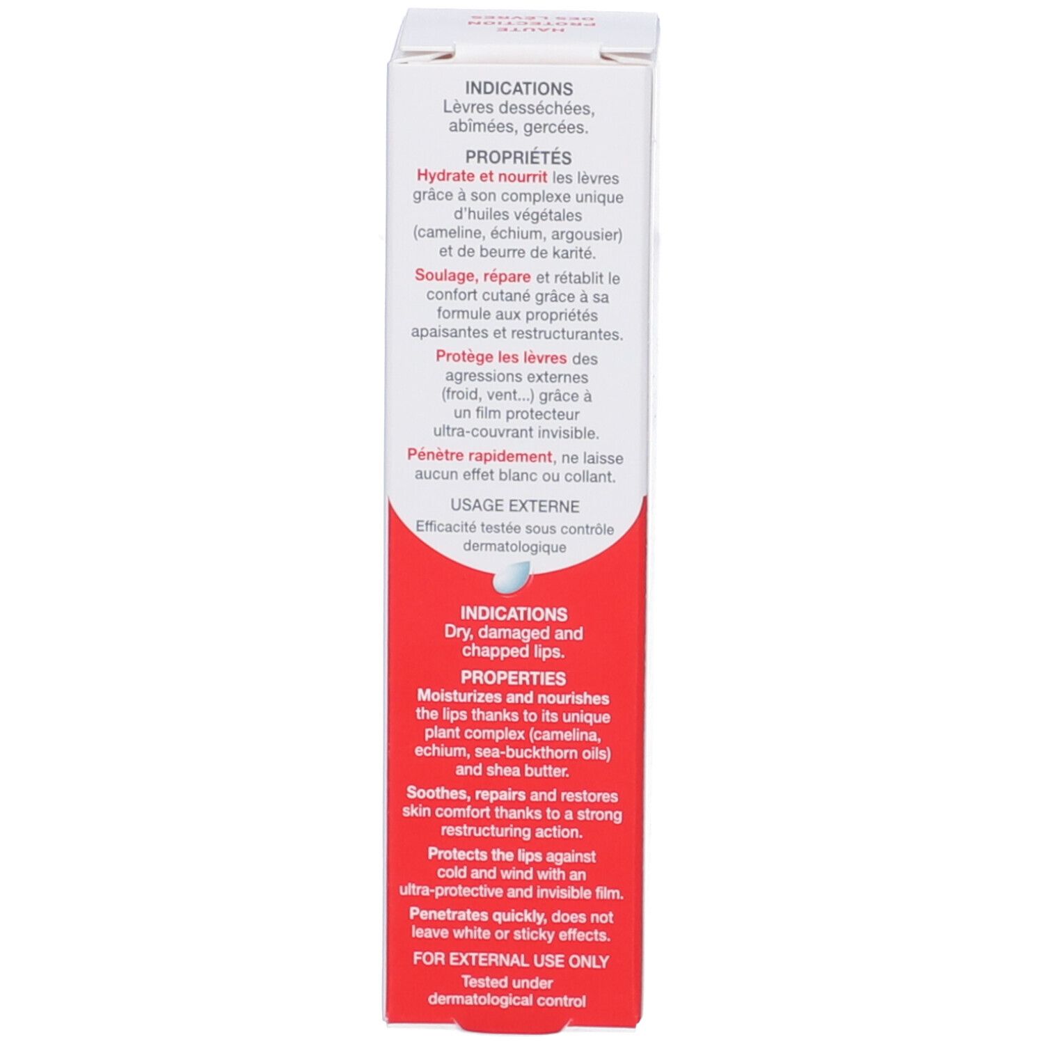 Confezione di balsamo labbra. Testo: Indicazioni, Proprietà, Uso esterno. Per labbra secche, screpolate.