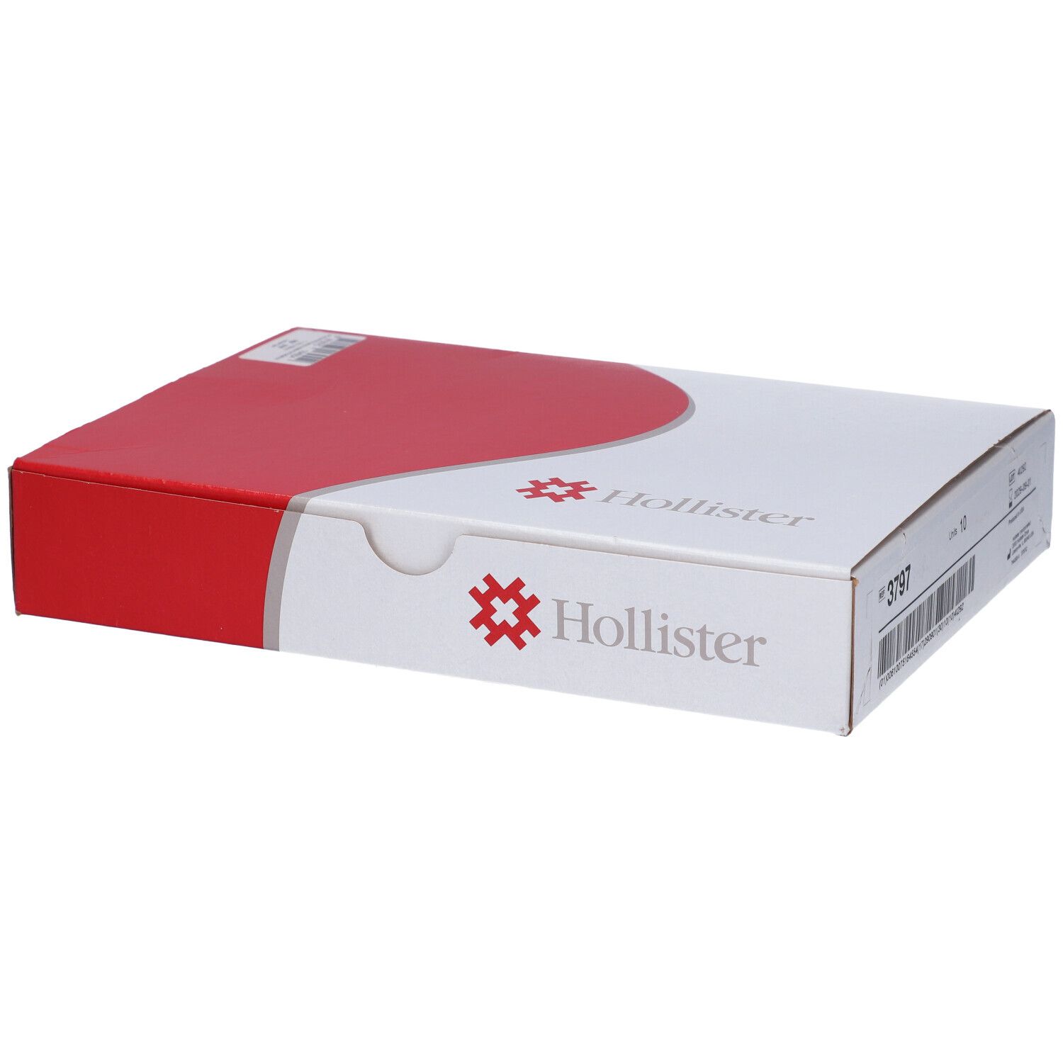 Scatola Hollister, coperchio rosso, base bianca. Logo Hollister e informazioni prodotto.