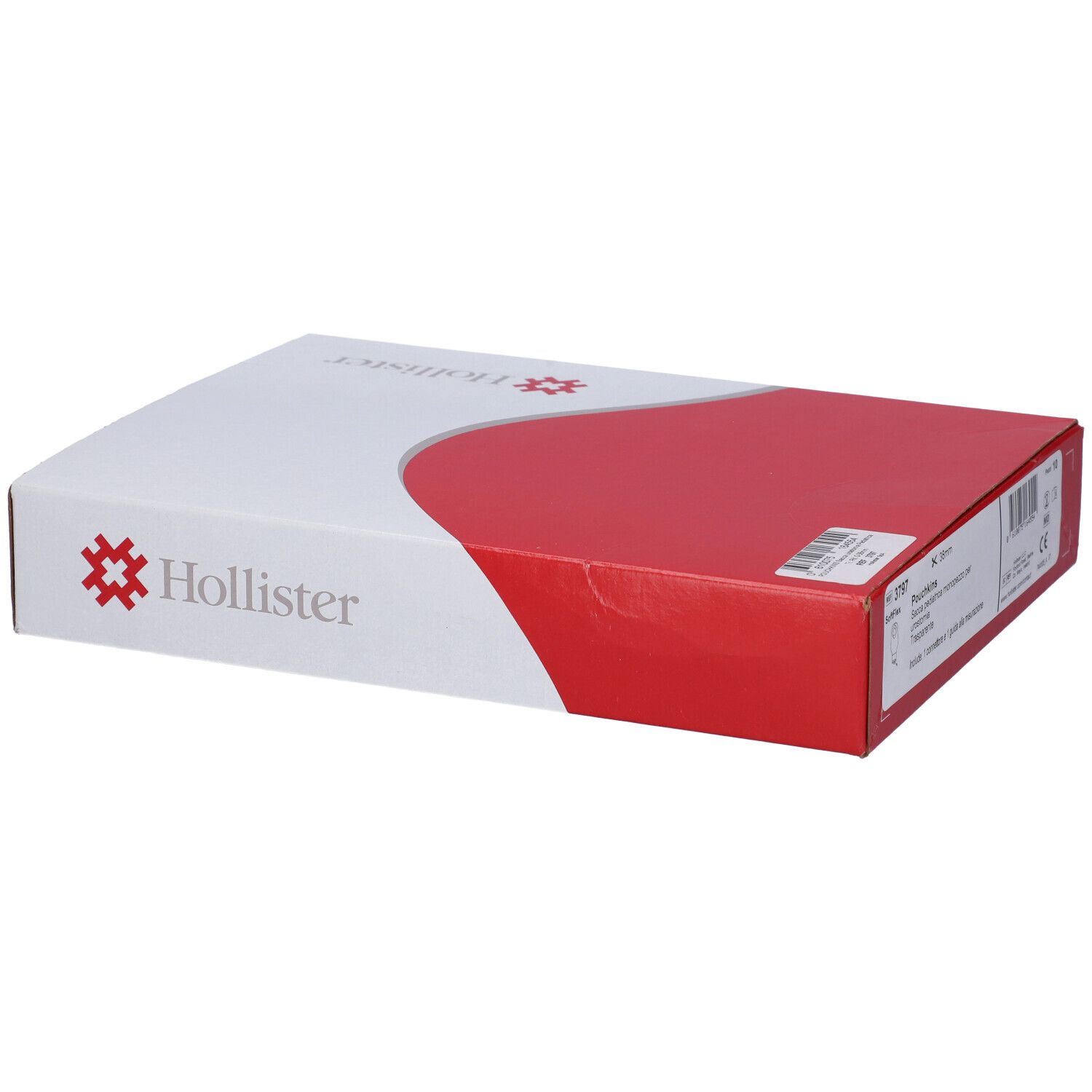 Scatola Hollister, coperchio rosso, base bianca. Logo Hollister e informazioni prodotto.