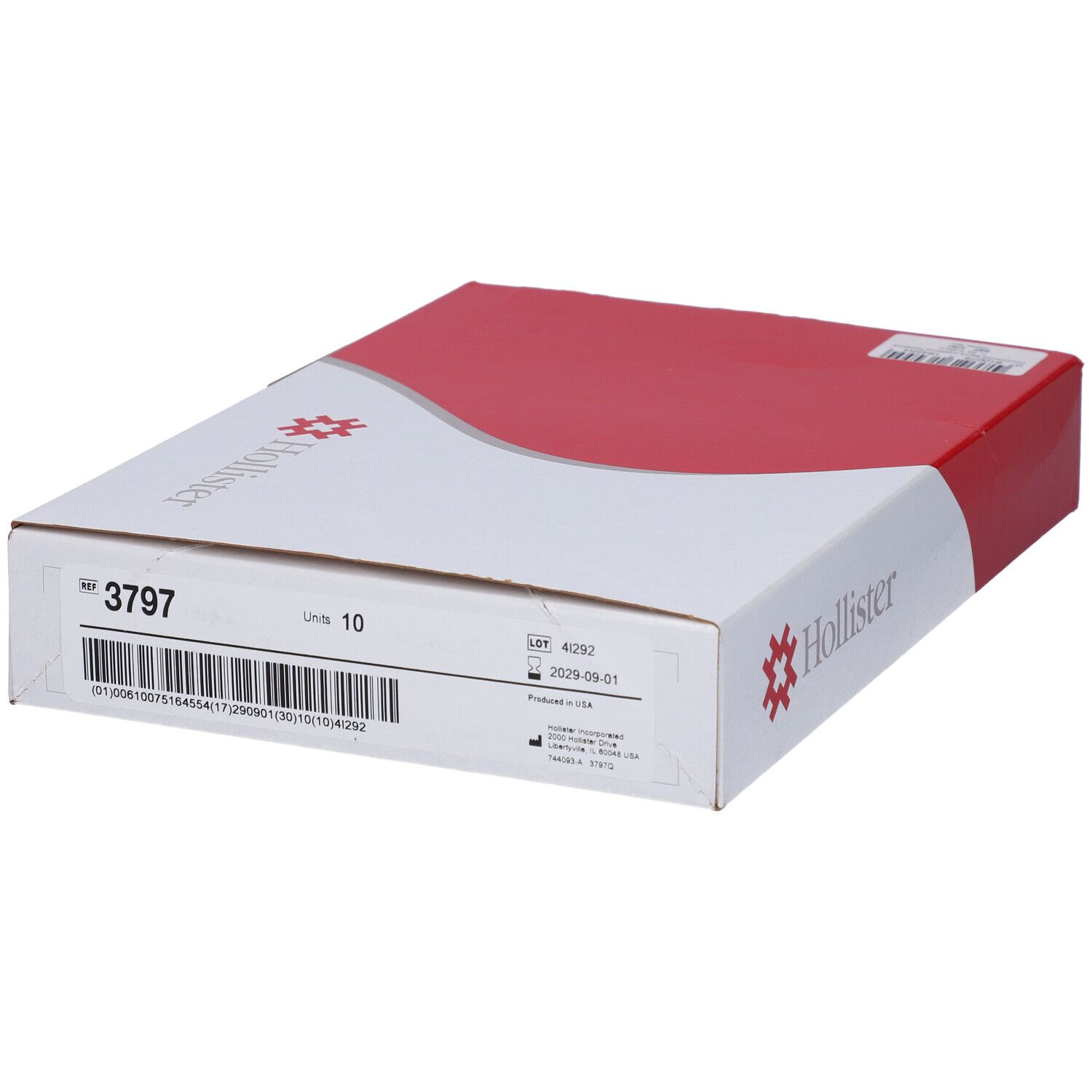 Scatola Hollister, coperchio rosso, base bianca. Logo Hollister e informazioni prodotto.