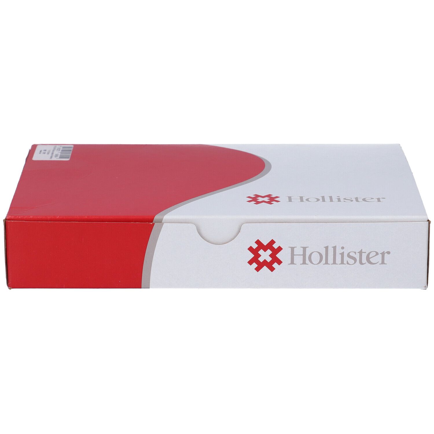 Scatola Hollister, coperchio rosso, base bianca. Logo Hollister e informazioni prodotto.