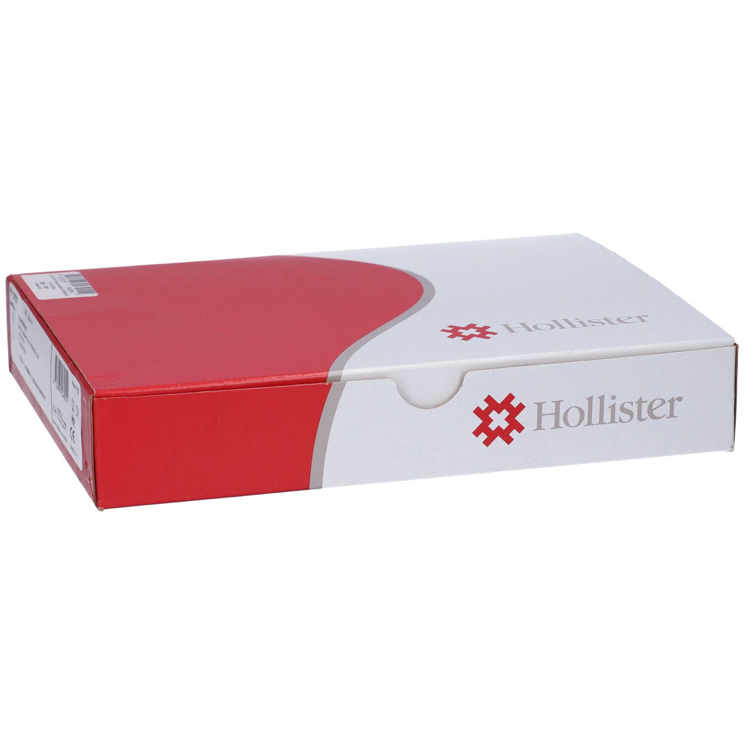 Scatola Hollister, coperchio rosso, base bianca. Logo Hollister e informazioni prodotto.