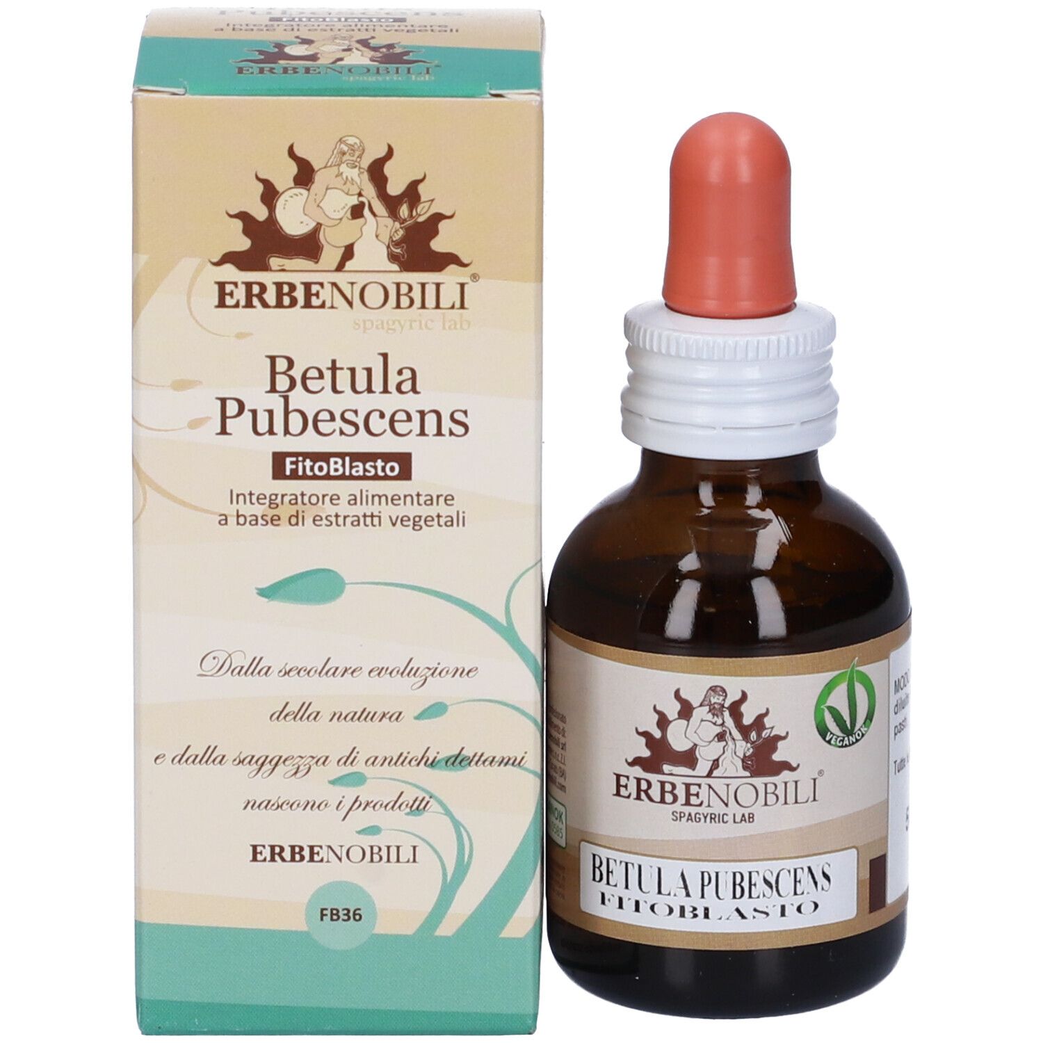 Flacone in vetro marrone con pipetta e scatola. Scritta: Betula Pubescens FitoBlasto. Marchio: Erbenobili.
