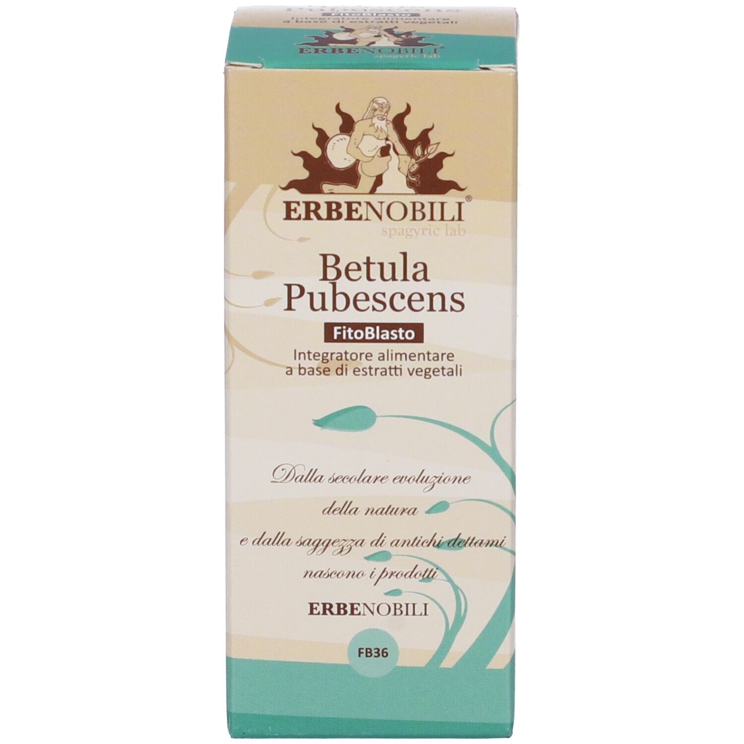 Scatola con stampa del prodotto. Scritta: Betula Pubescens FitoBlasto. Marchio: Erbenobili.