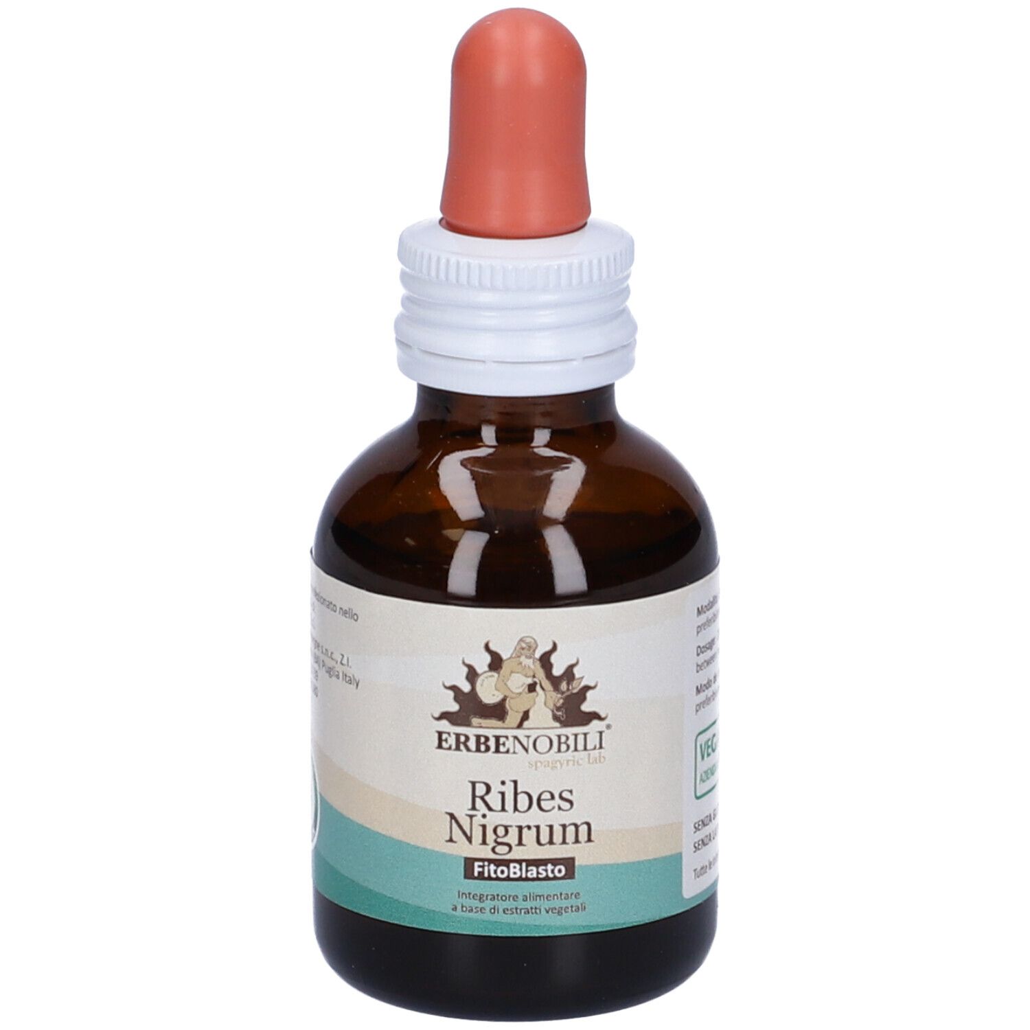 Flacone di vetro marrone con contagocce. Scritta: Erbenobili Ribes Nigrum FitoBasto. Con etichetta bianca.