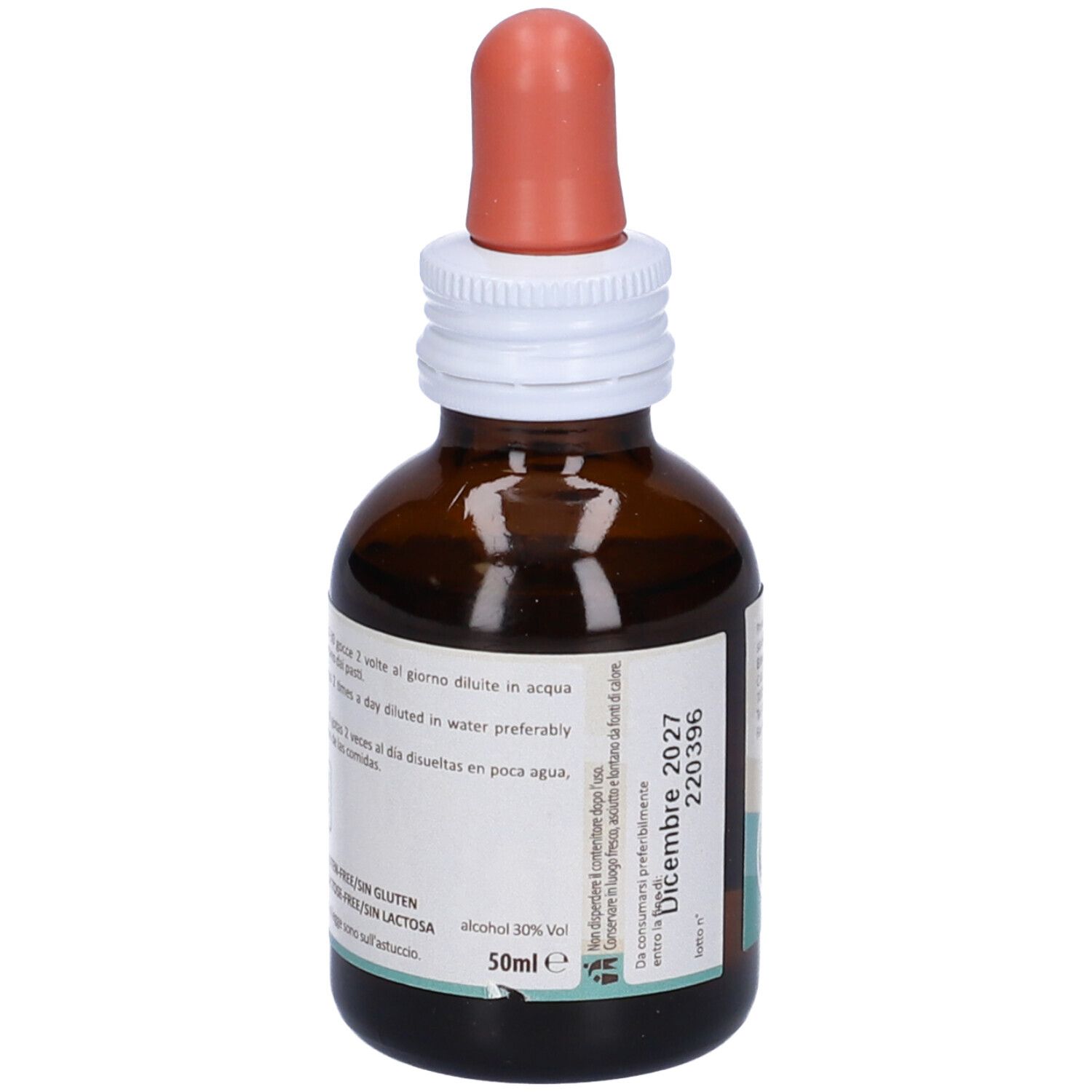 Flacone di vetro marrone con contagocce. Scritta: Erbenobili Ribes Nigrum FitoBasto. Con etichetta bianca, alcool 30% Vol.