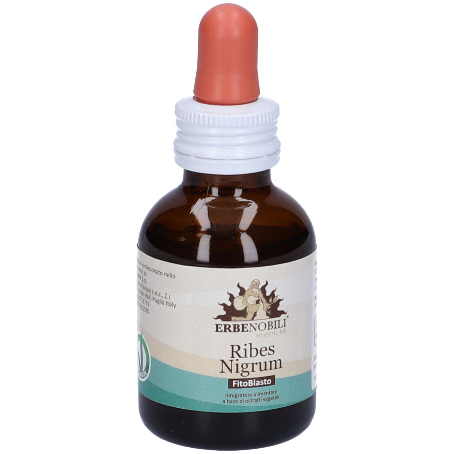 Flacone di vetro marrone con contagocce. Scritta: Erbenobili Ribes Nigrum FitoBasto. Con etichetta bianca.