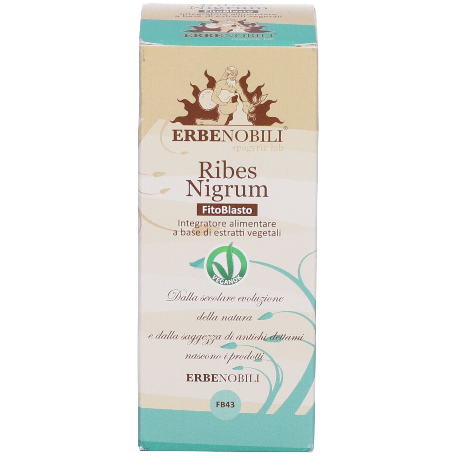 Scatola e flacone. Scritta: Erbenobili Ribes Nigrum FitoBasto. Con sigillo VeganOK. Informazioni sul prodotto.
