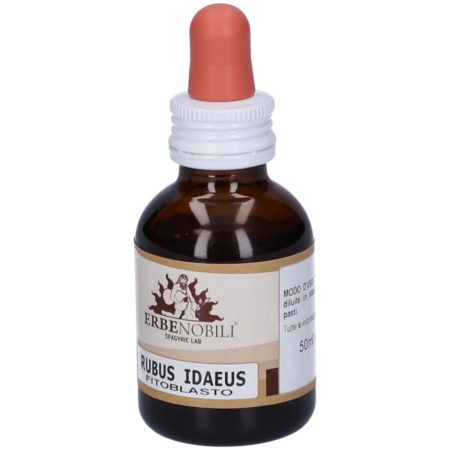Flacone di vetro marrone con contagocce. Scritta: Erbenobili, Rubus Idaeus FitoBlasto. Etichetta con informazioni.