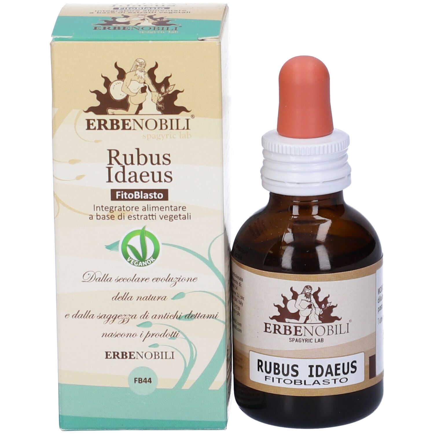 Confezione del prodotto e flacone. Scritta: Erbenobili, Rubus Idaeus FitoBlasto. Flacone con contagocce.