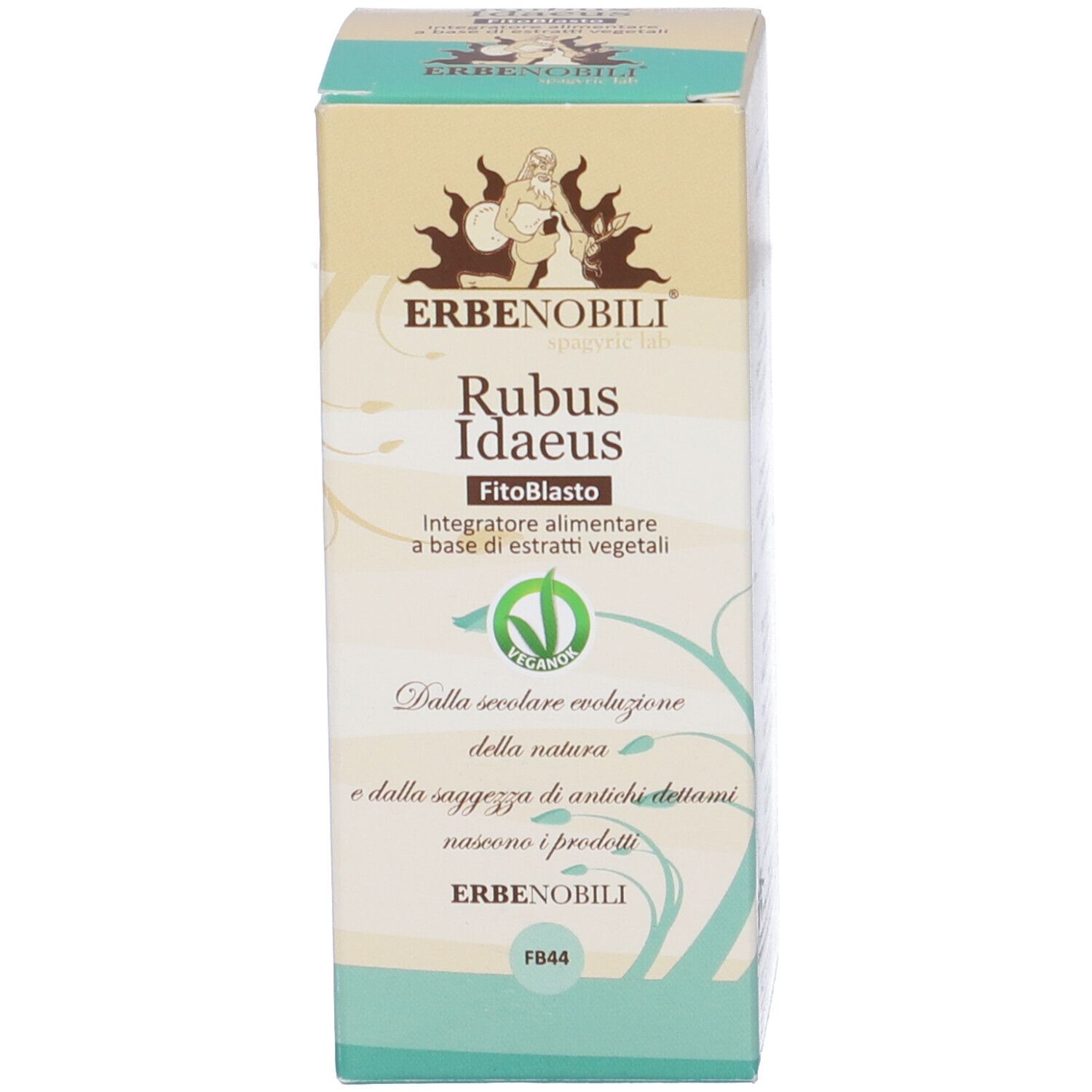 Scatola con stampa del prodotto. Scritta: Erbenobili, Rubus Idaeus FitoBlasto. Colori verde e beige.