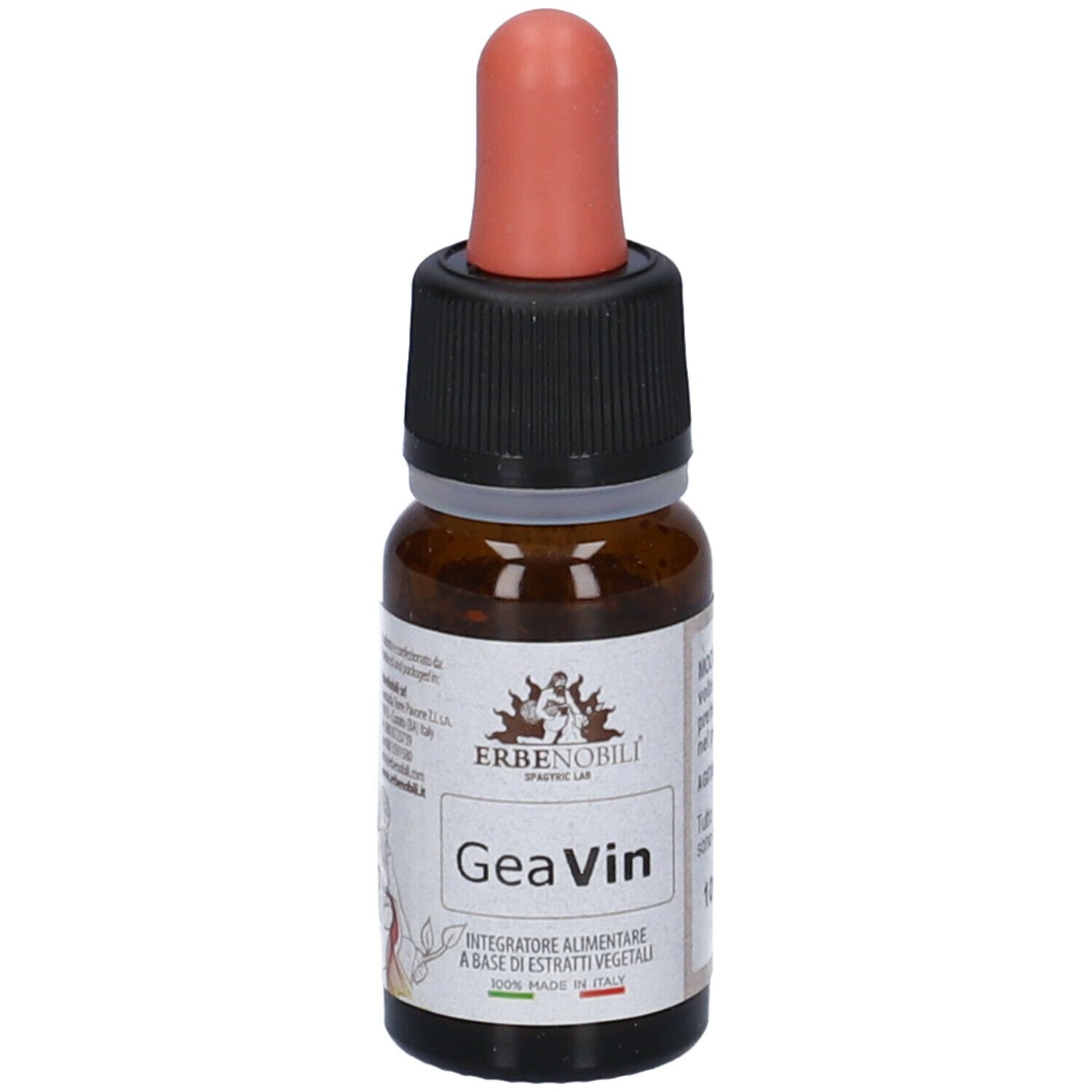 Flacone di vetro marrone con contagocce rosso. Scritta: GeaVin. Con logo e testo. Prodotto in Italia.