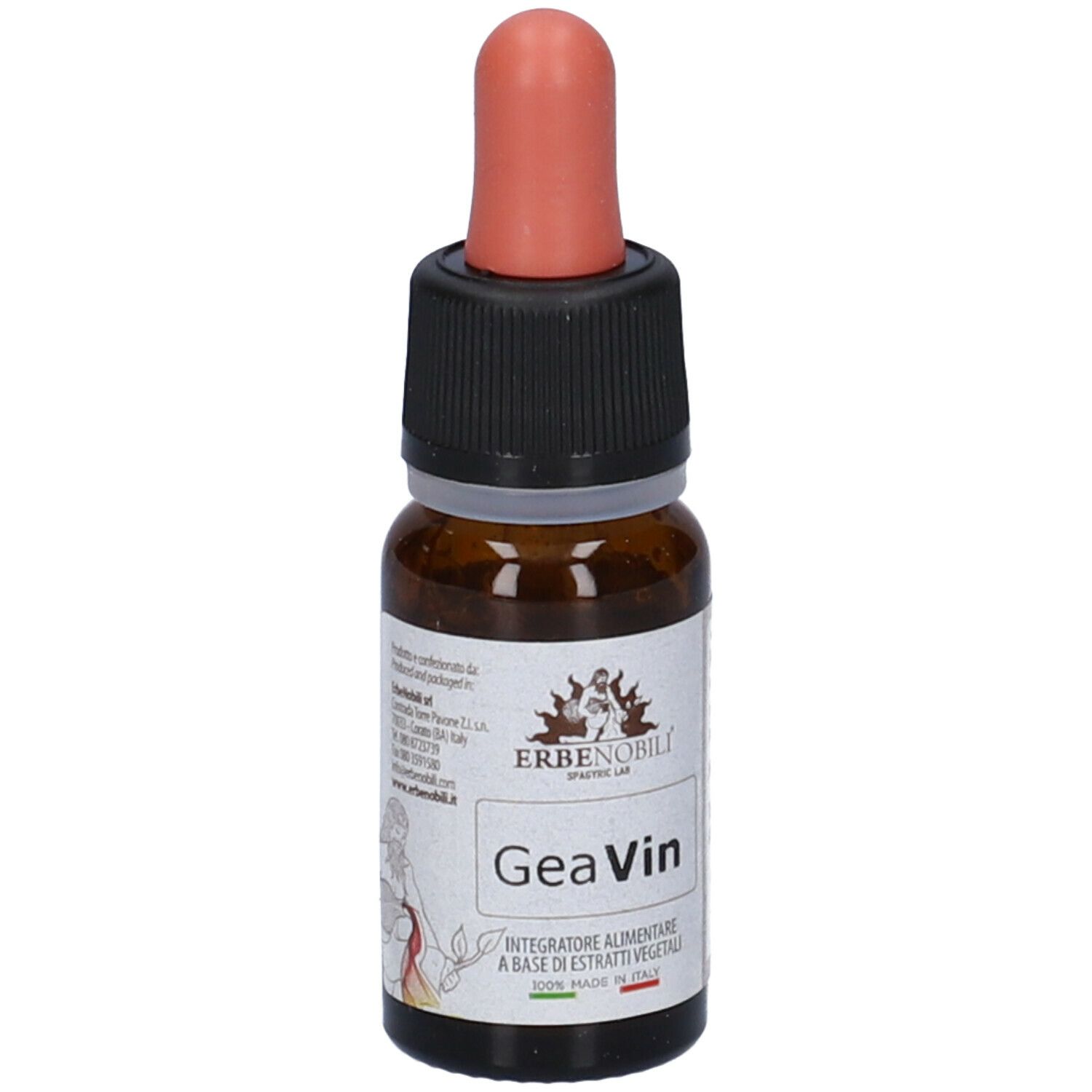 Flacone di vetro marrone con contagocce rosso. Scritta: GeaVin. Con logo e testo. Con indicazioni di dosaggio.