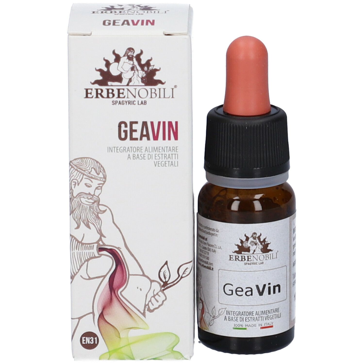 Flacone di vetro marrone con contagocce rosso e scatola. Scritta: GeaVin. Con logo e testo.