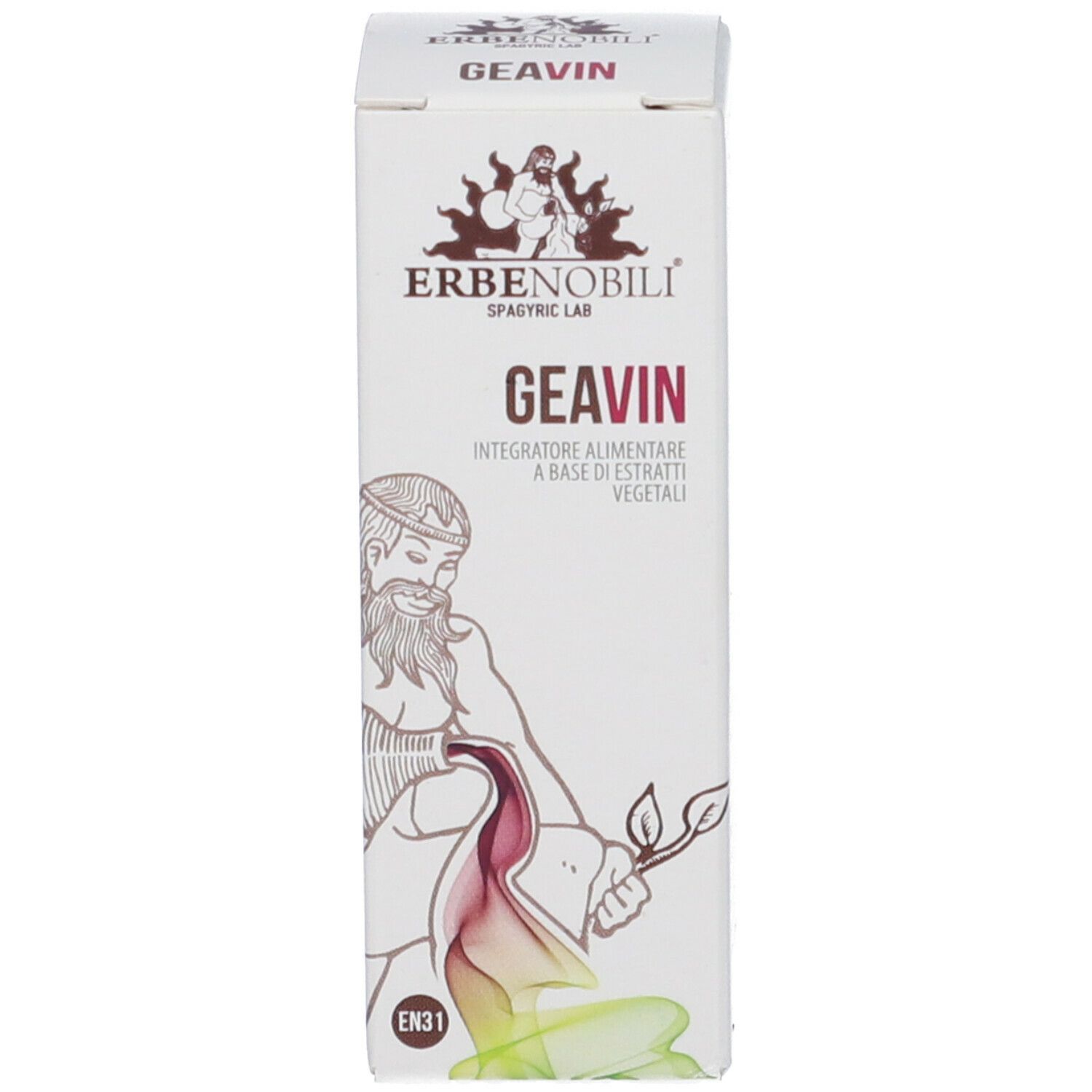 Scatola con scritta: GeaVin. Con logo e testo. Con illustrazione di una persona.