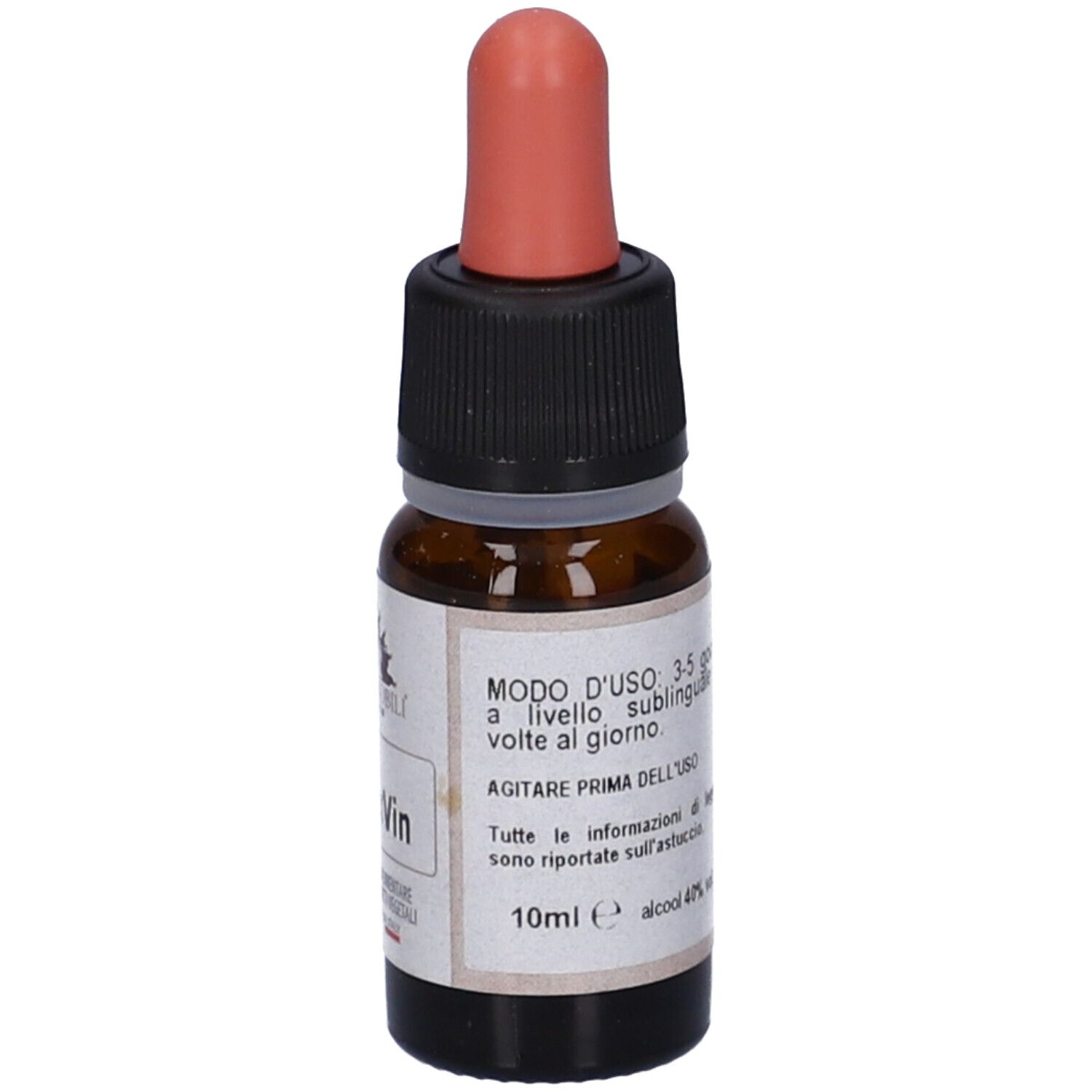 Flacone di vetro marrone con contagocce. Etichetta con testo. Modo d'uso. Senexvin 10ml.