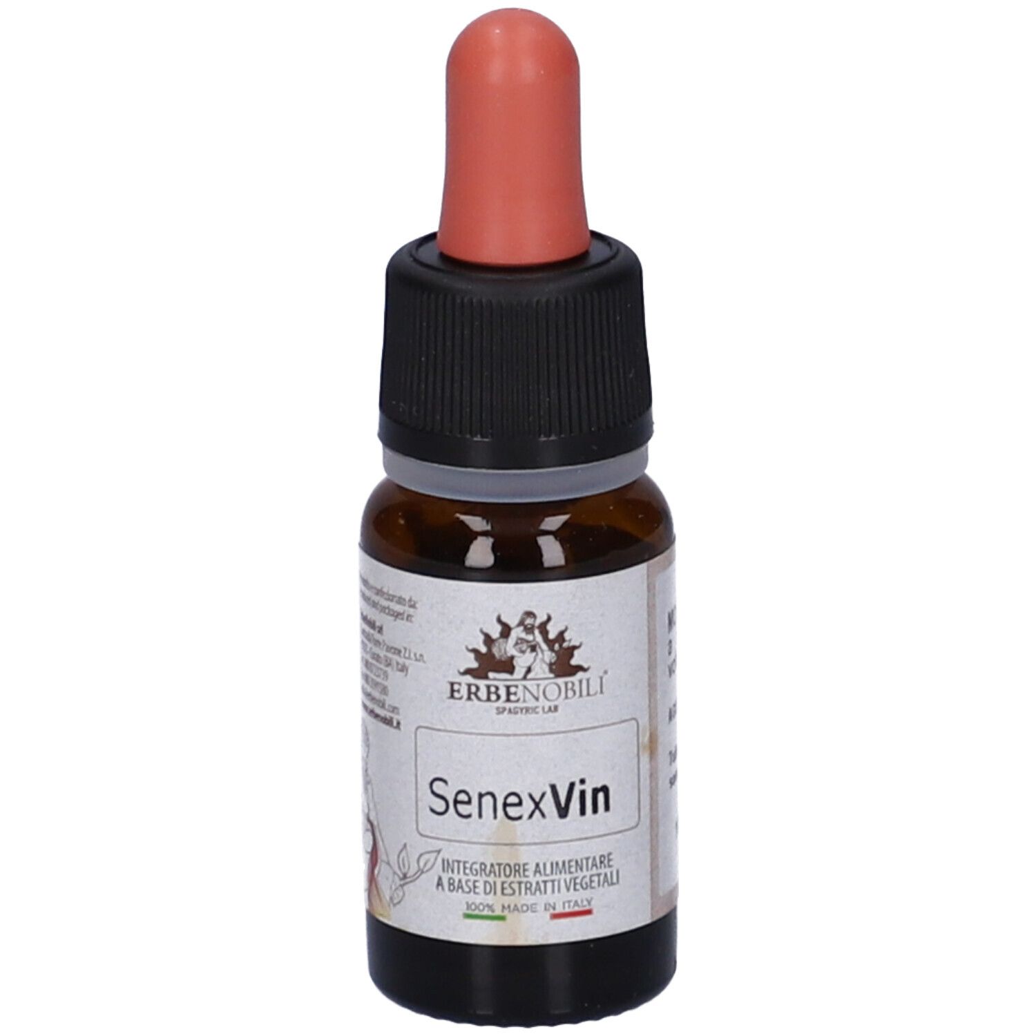 Flacone di vetro marrone con contagocce. Etichetta con testo e logo. Senexvin. 10ml.