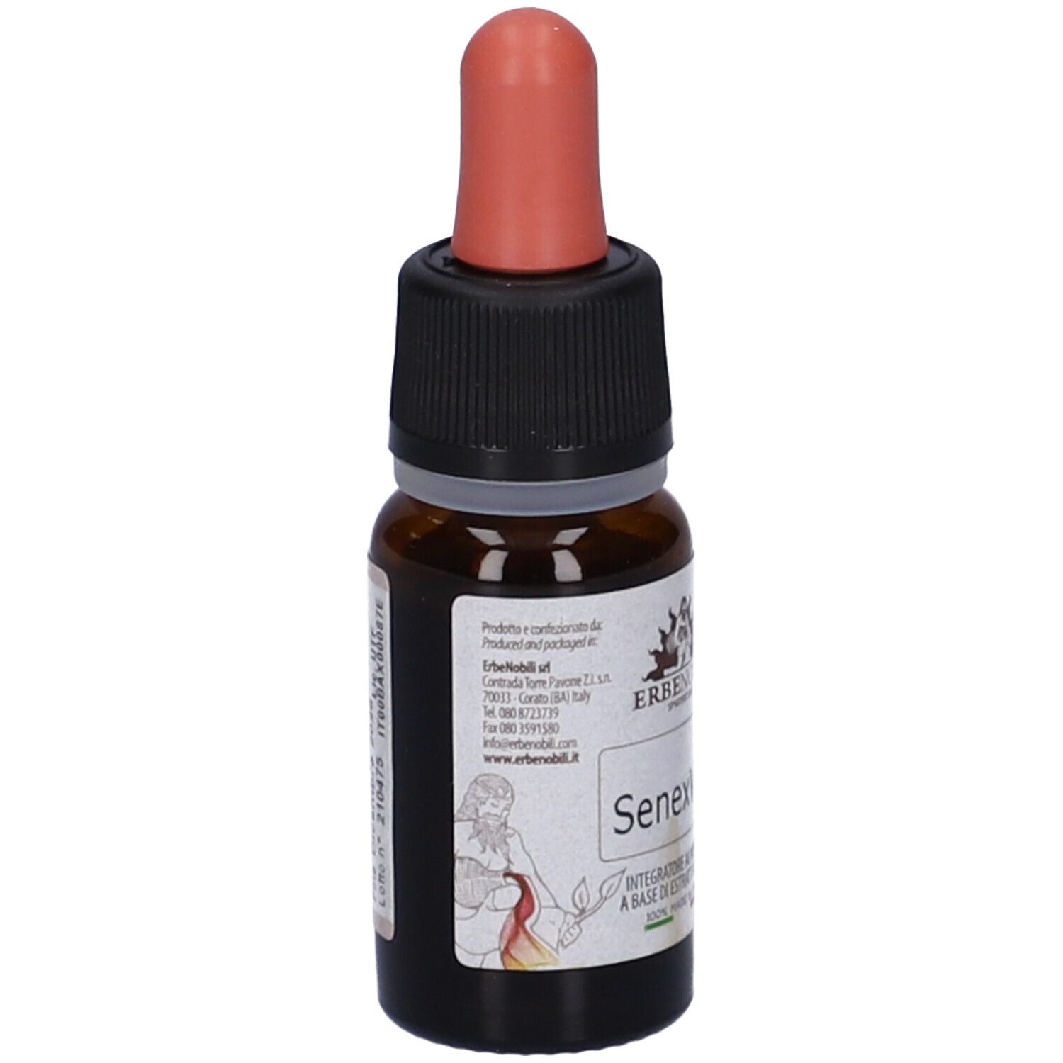 Flacone di vetro marrone con contagocce. Etichetta con testo e logo. Senexvin. 10ml.