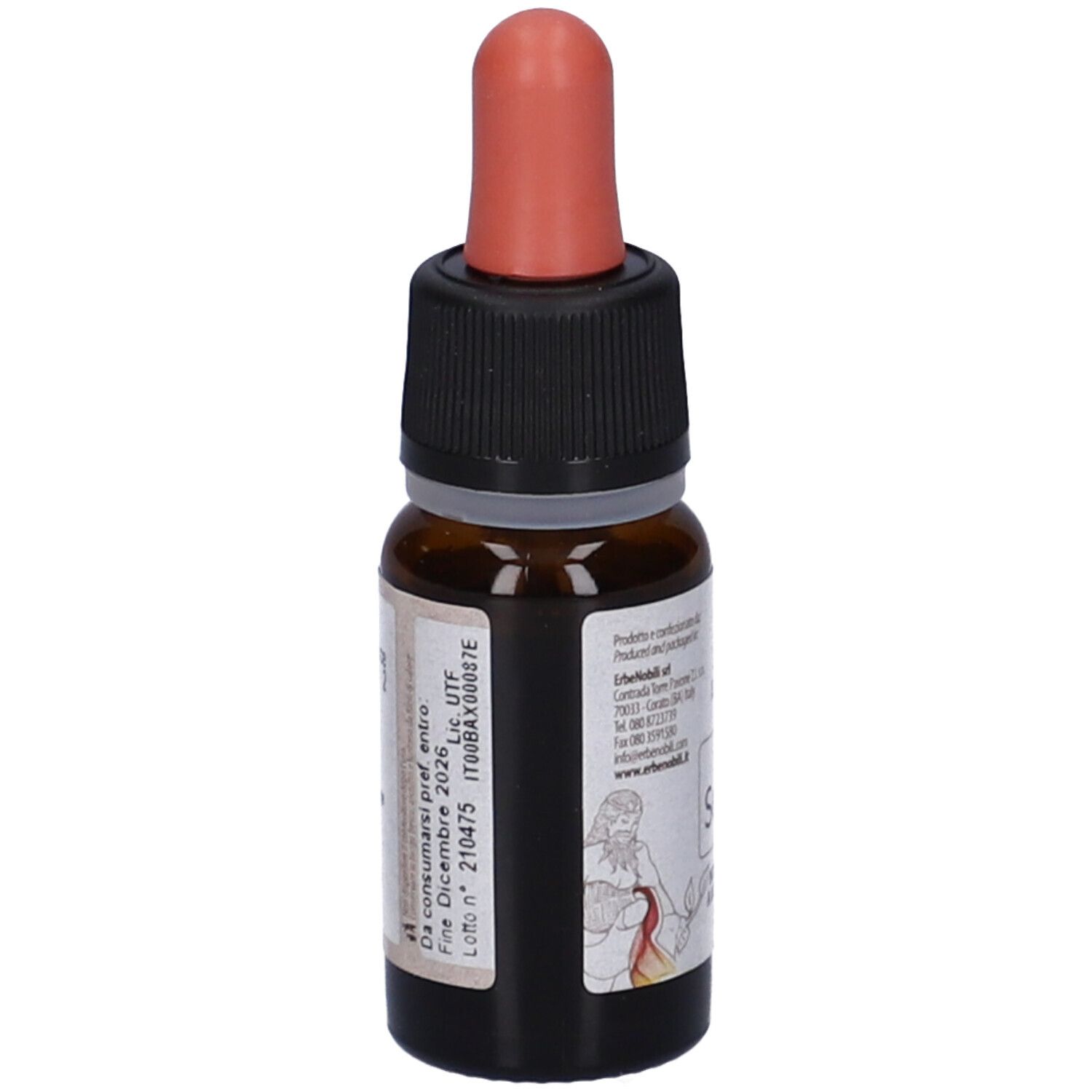 Flacone di vetro marrone con contagocce. Etichetta con testo. Senexvin. 10ml. Scadenza.