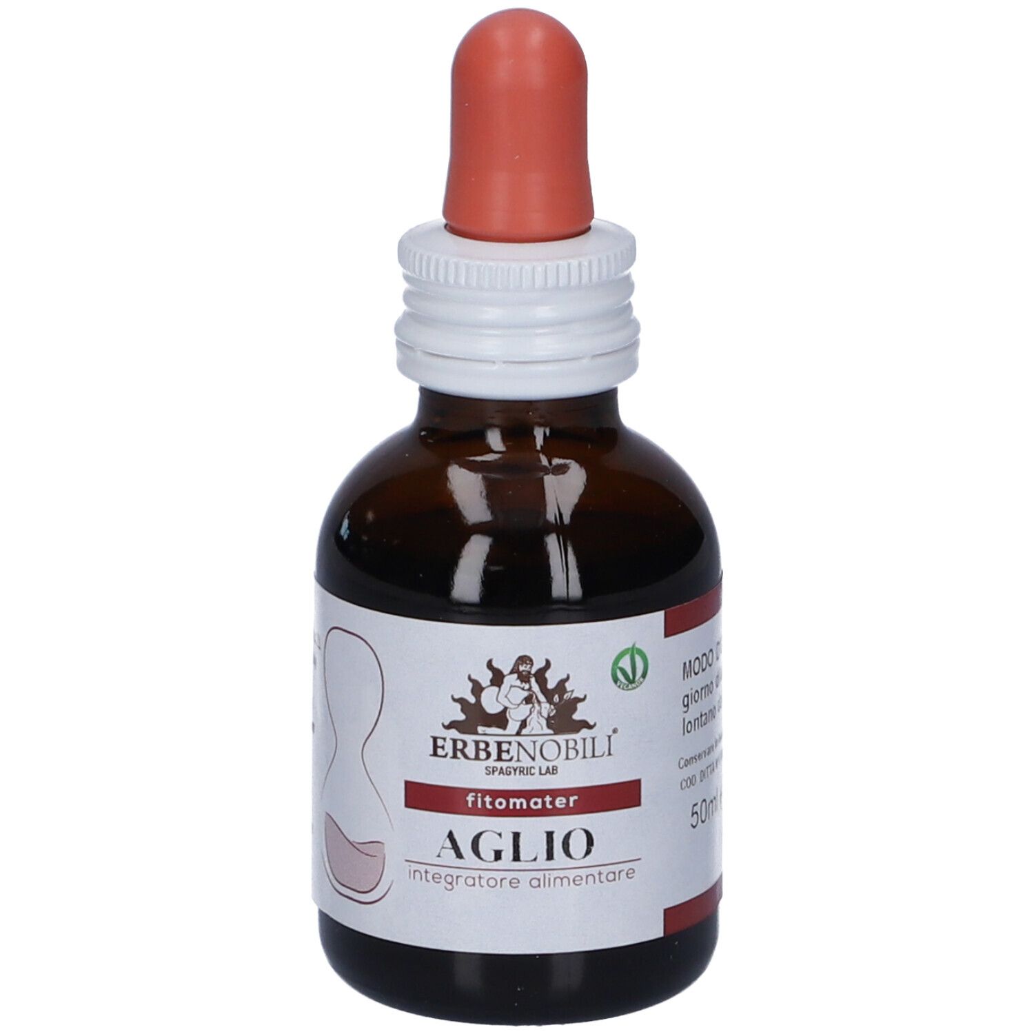Flacone di vetro marrone con contagocce rosso. Etichetta con testo: Aglio, Erbenobili, vegan.